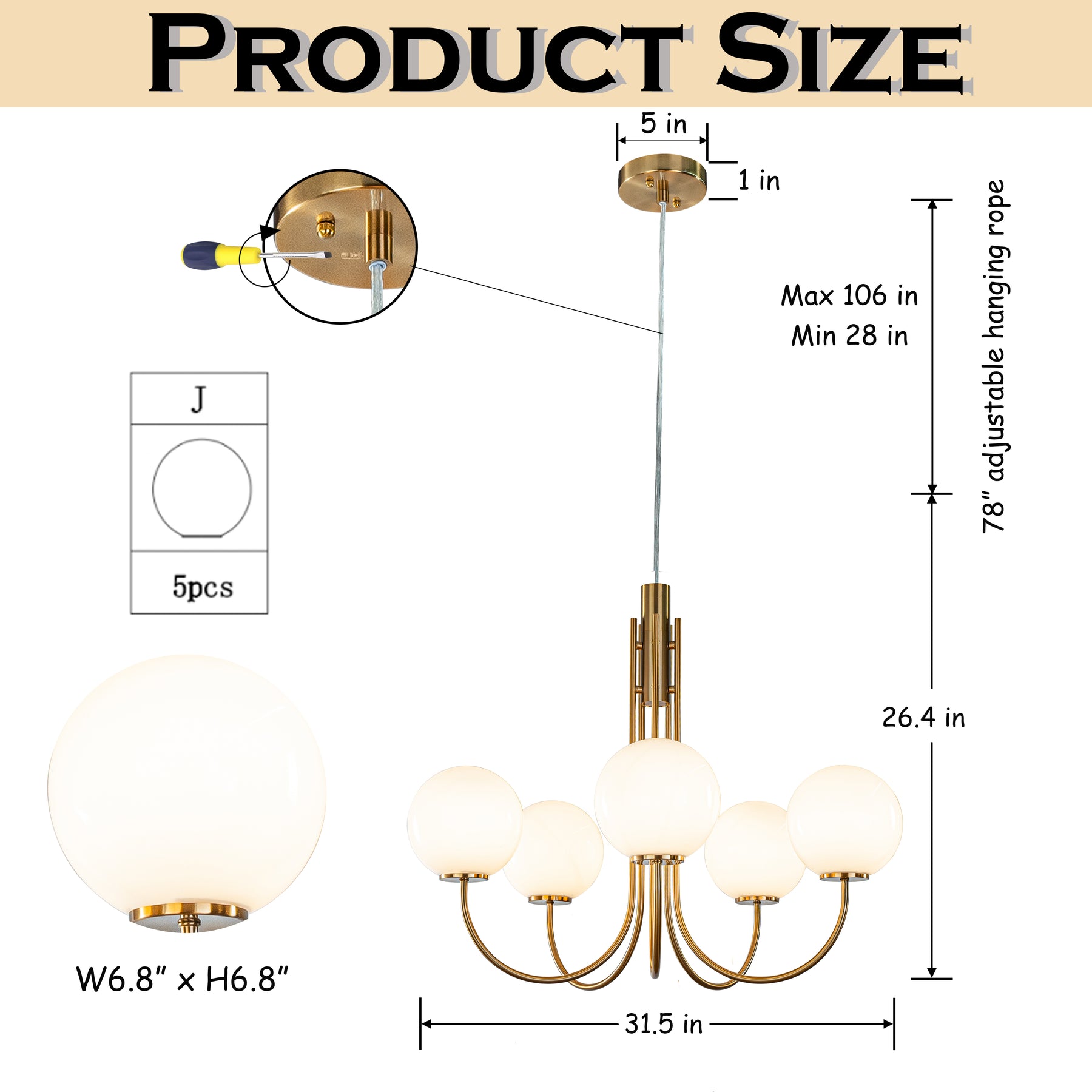 5-Light 32'' Wide Mid-Century Modern Glass Globe Bubble Chandelier Vintage Sputnik Aged Brass Opal Glass Pendant Light For Living Room And Kitchen