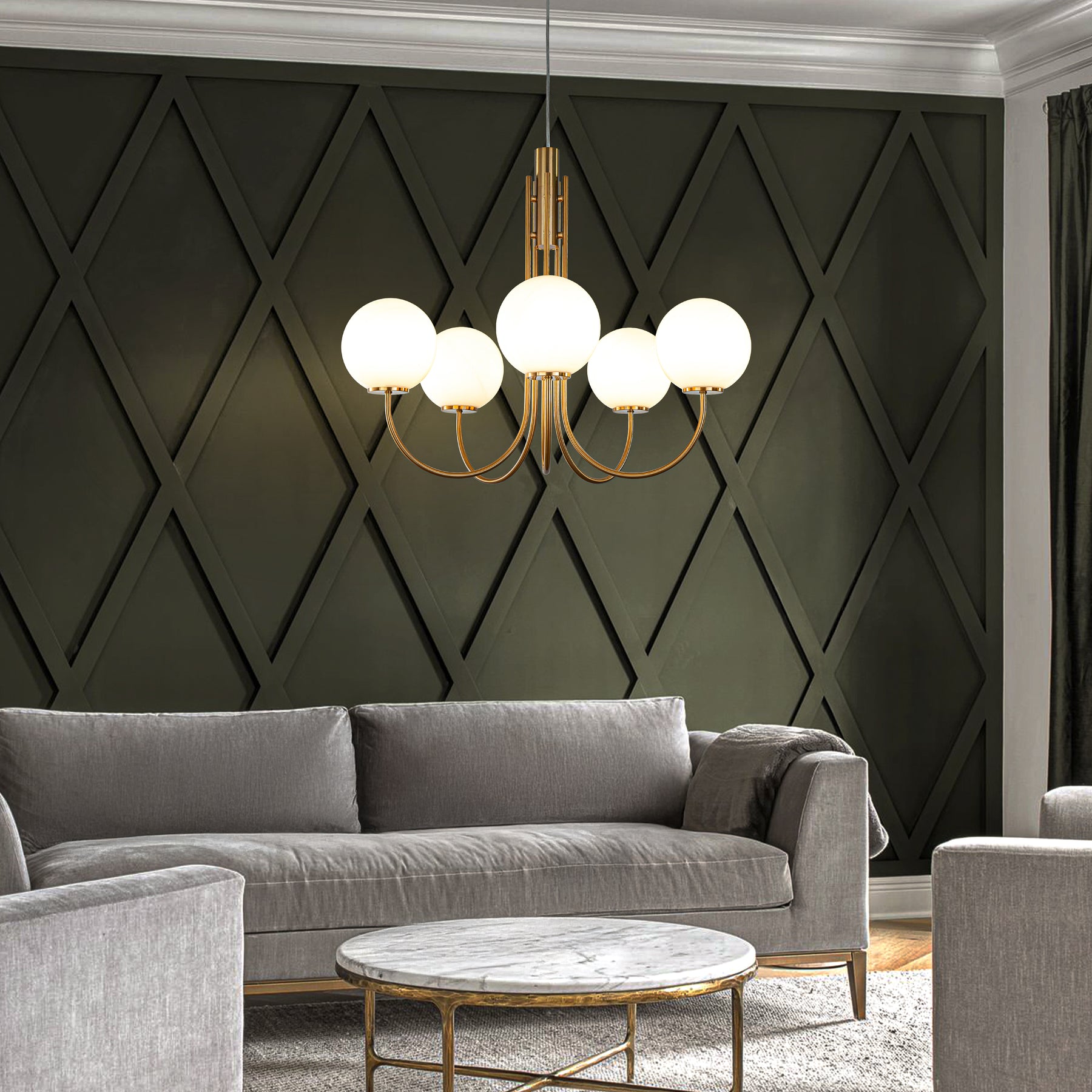 5-Light 32'' Wide Mid-Century Modern Glass Globe Bubble Chandelier Vintage Sputnik Aged Brass Opal Glass Pendant Light For Living Room And Kitchen