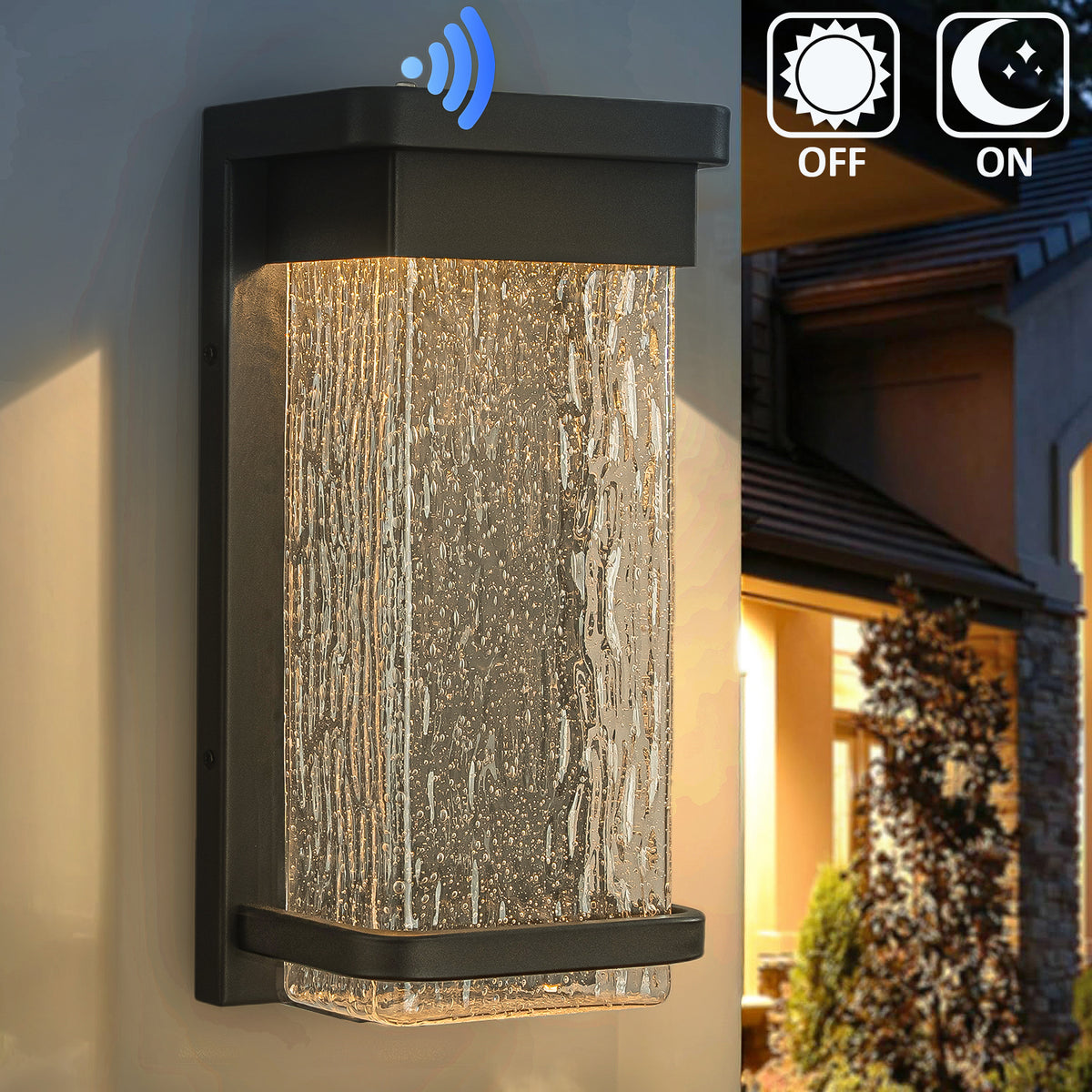 1-Light H12 in Modern Seeded Glass12W Integrated LED Outdoor Wall Sconce with Dusk to Dawn Sensor in Matte Black for Porch Patio