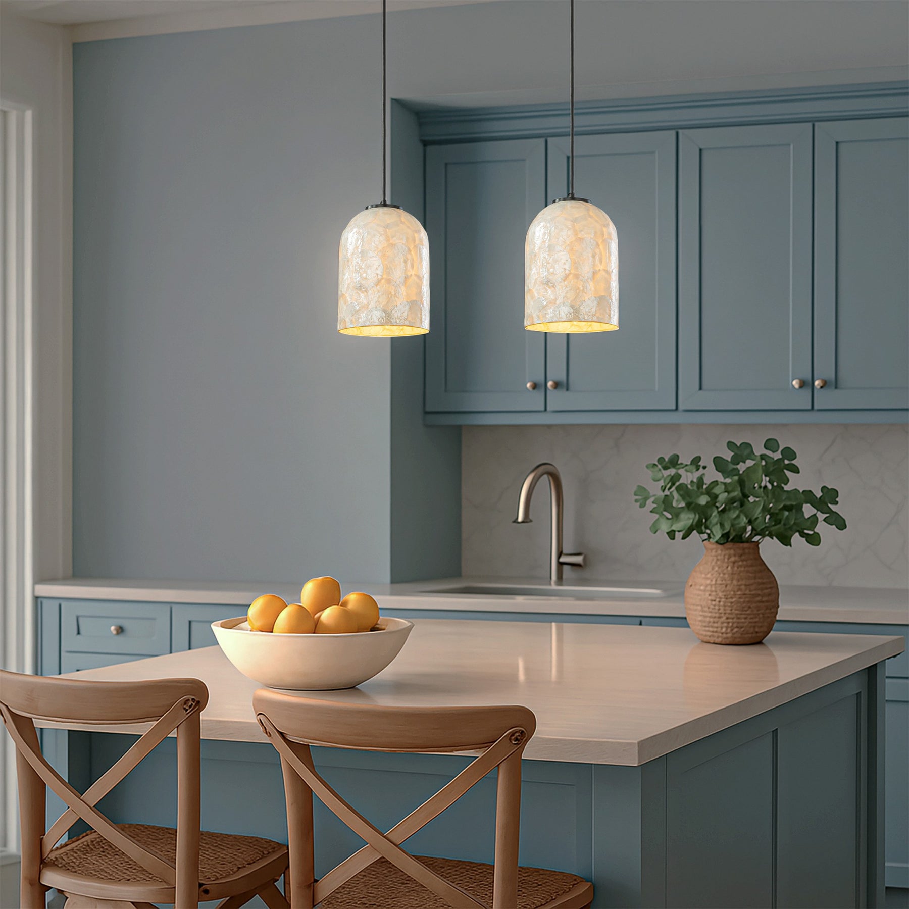 1-Light 7" Modern Farmhouse Natural Capiz Seashell Single Pendant Light Coastal Cylinder Hanging Light For Kitchen and Dining Room