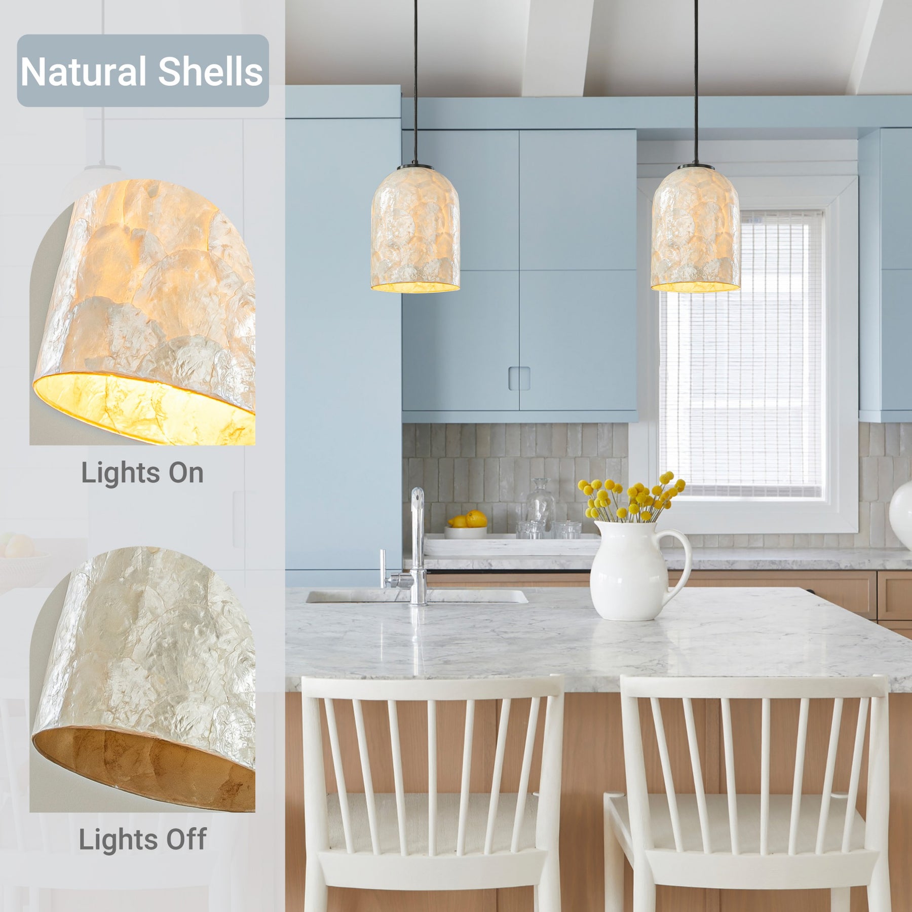 1-Light 7" Modern Farmhouse Natural Capiz Seashell Single Pendant Light Coastal Cylinder Hanging Light For Kitchen and Dining Room