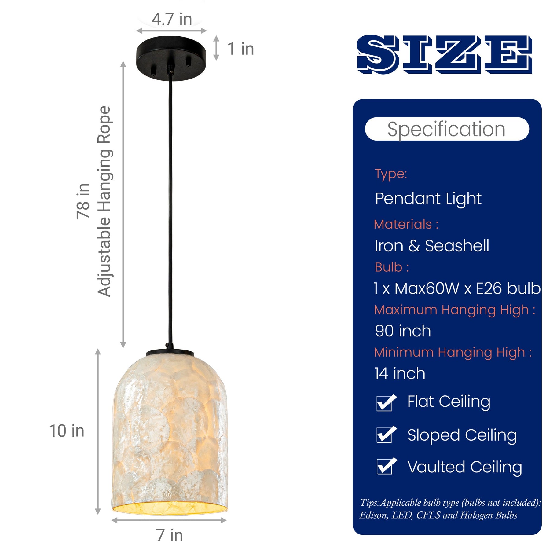1-Light 7" Modern Farmhouse Natural Capiz Seashell Single Pendant Light Coastal Cylinder Hanging Light For Kitchen and Dining Room