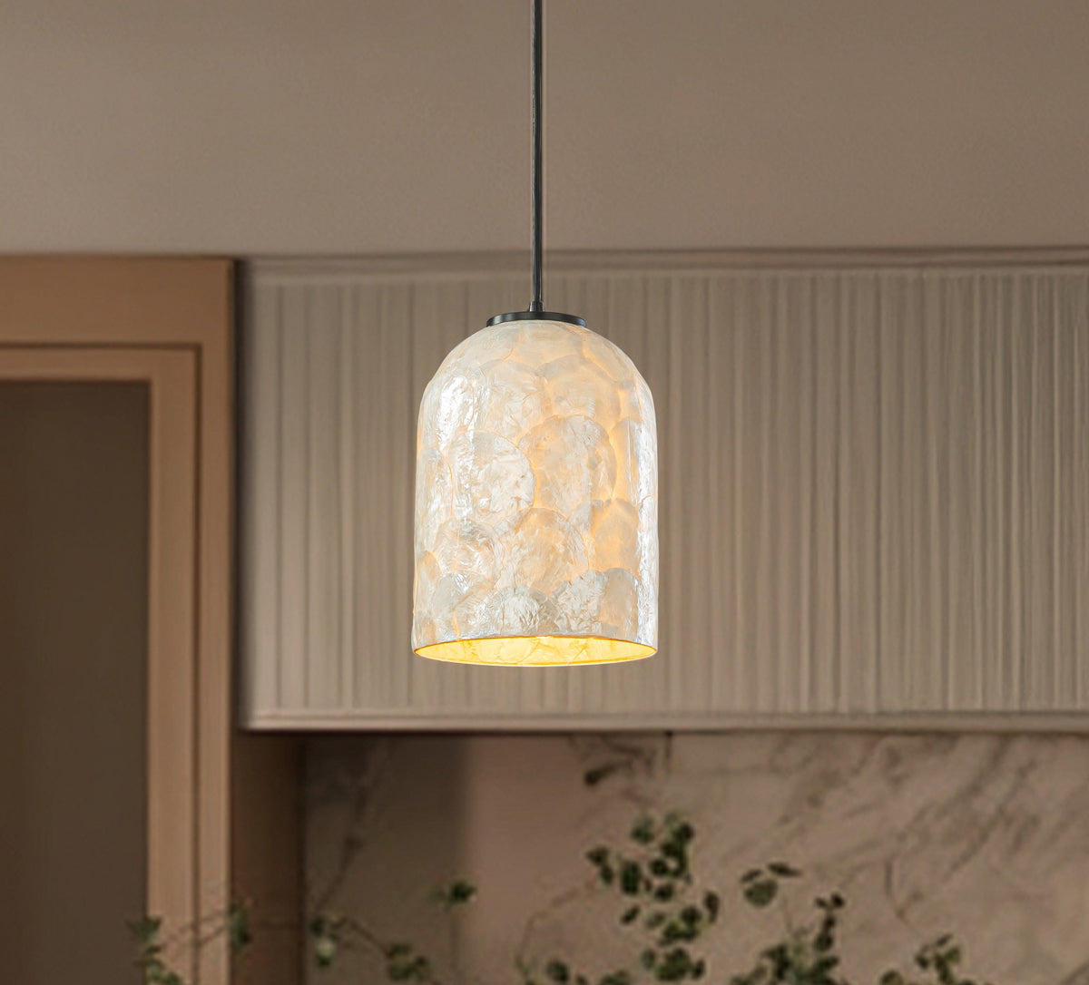 1-Light 7" Modern Farmhouse Natural Capiz Seashell Single Pendant Light Coastal Cylinder Hanging Light For Kitchen and Dining Room