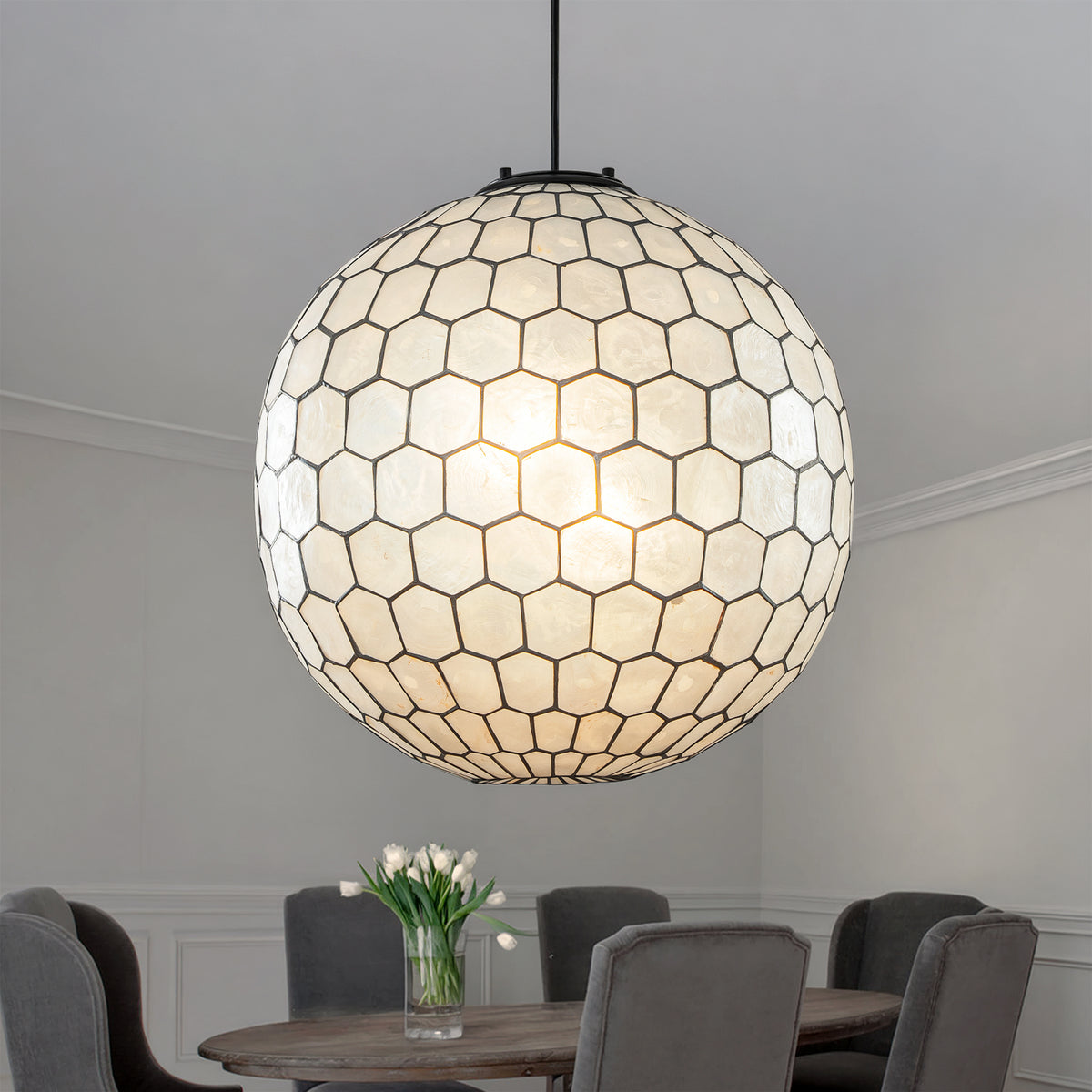 3-Light 18'' Matte Black Cosatal Natural CAPIZ SHELL Globe Lantern Chandelier Glam Hanging Light For Living Room Dining Room