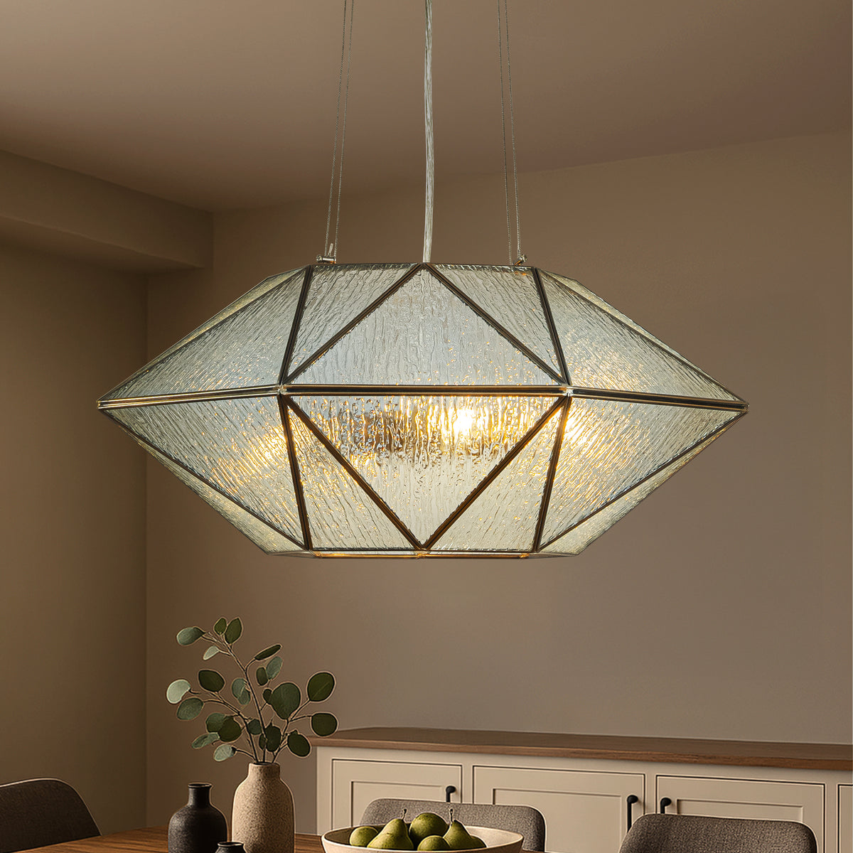 20'' 6-Light Dimmable Modern Geometric Chandelier With Textured Glass Accents Unique Statement Pendant Light For Dining Room Living Room