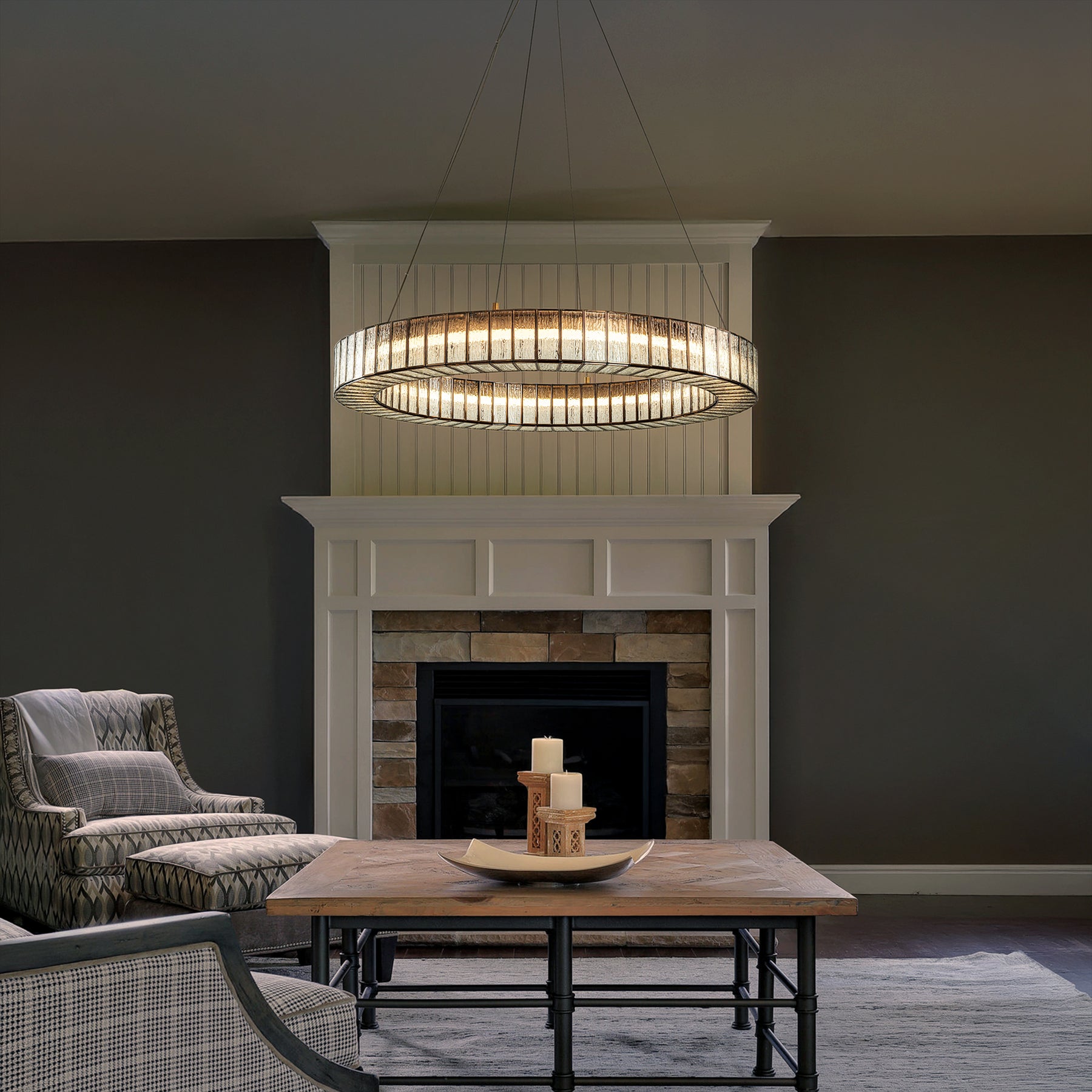 34'' Modern Halo Round Textured Glass Integrated Led Chandelier Brass Empire Led Ceiling Light For Dining Room Living Room