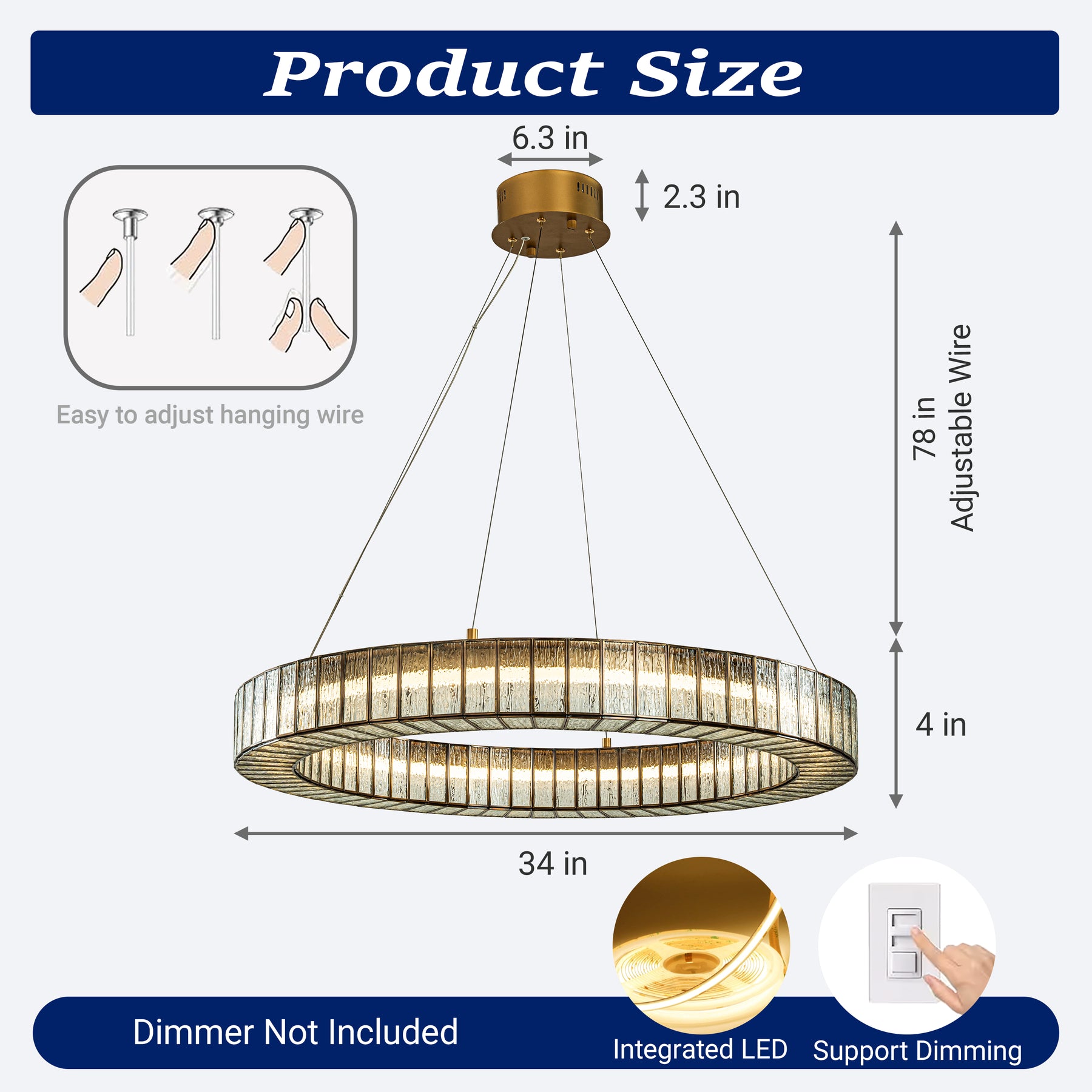 34'' Modern Halo Round Textured Glass Integrated Led Chandelier Brass Empire Led Ceiling Light For Dining Room Living Room