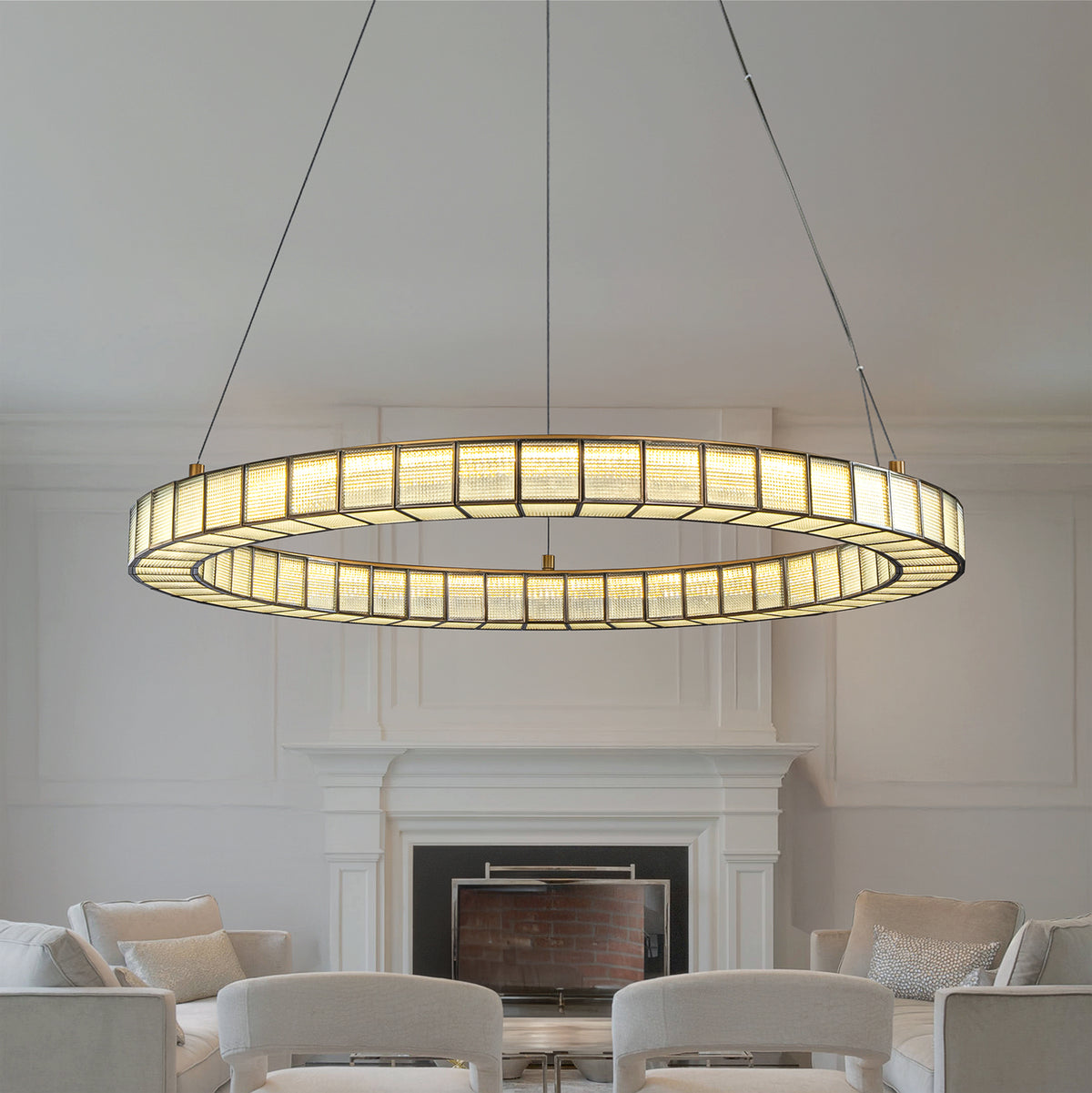 32'' Modern Halo Round Art Glass Integrated Led Chandelier Brass Art Deco Led Ceiling Light For Dining Room Living Room