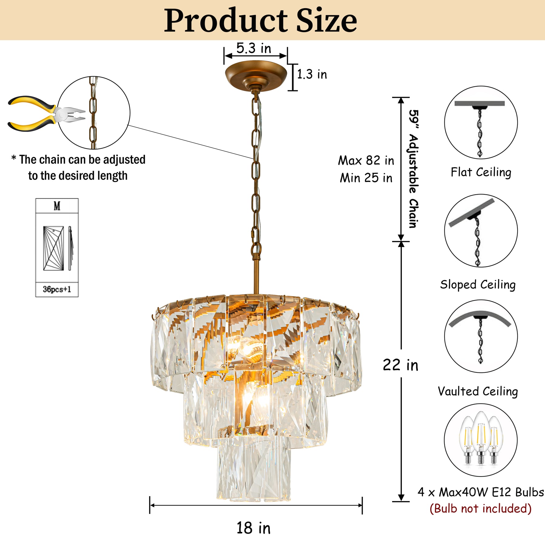 18'' 4-Light Mid-Century Modern Glam Antique Gold Crystal Tiered Chandelier Luxury Ceiling Hanging light For Dining Room Living Room
