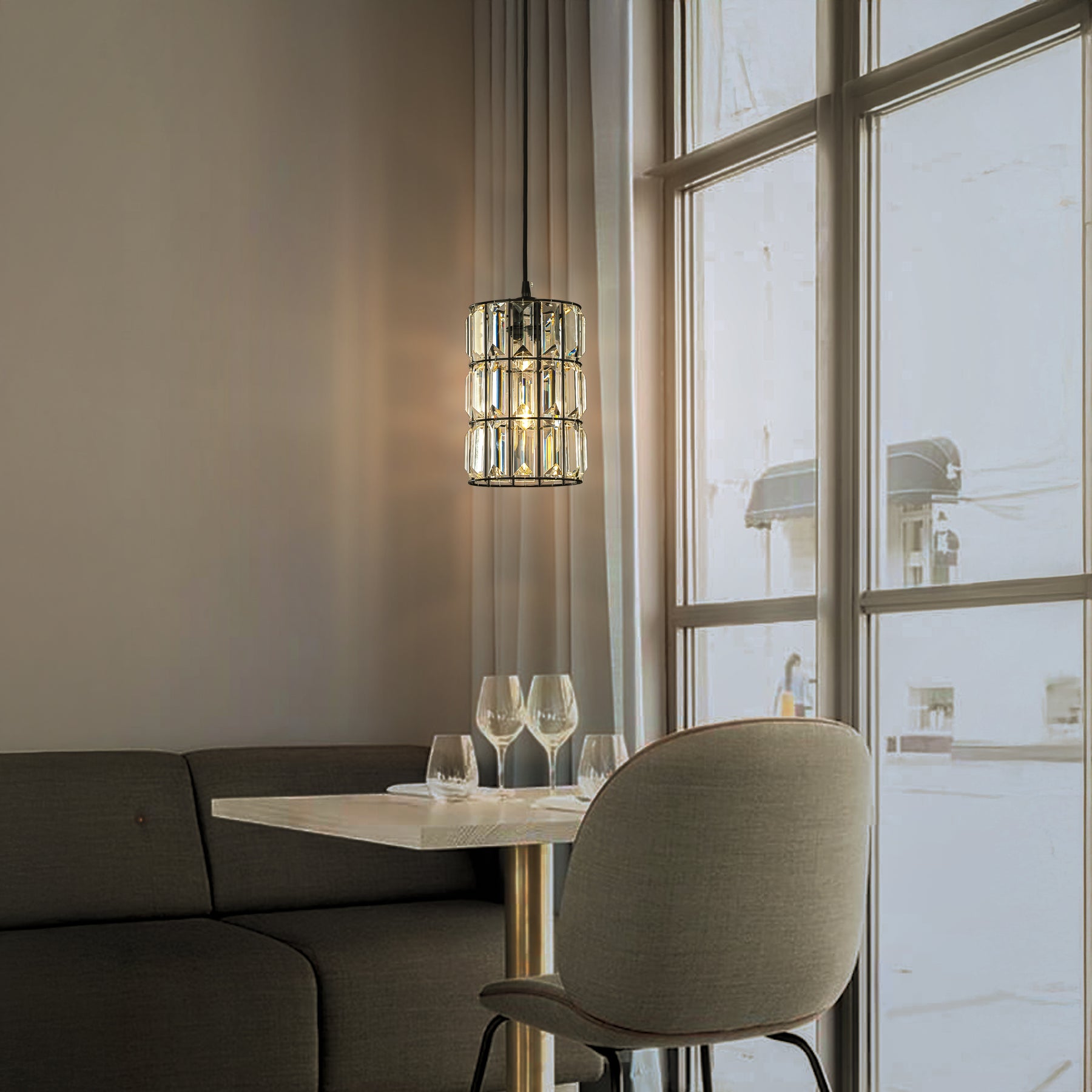 1-Light 7'' Modern Glam Matte Black Single Crystal Pendant Light Mini Elegant Crystal Durm Chandelier for Bedroom Kitchen Island