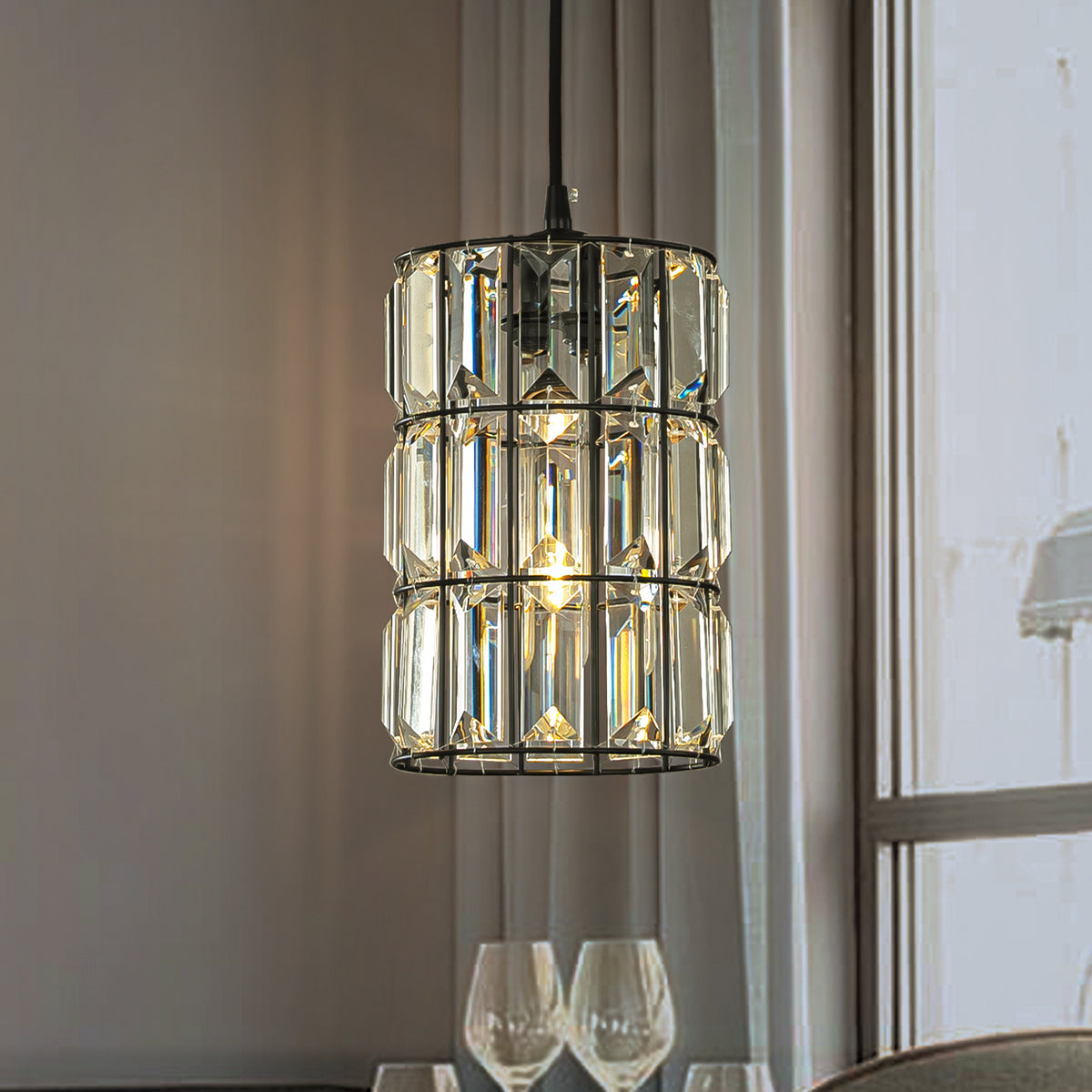 1-Light 7'' Modern Glam Matte Black Single Crystal Pendant Light Mini Elegant Crystal Durm Chandelier for Bedroom Kitchen Island