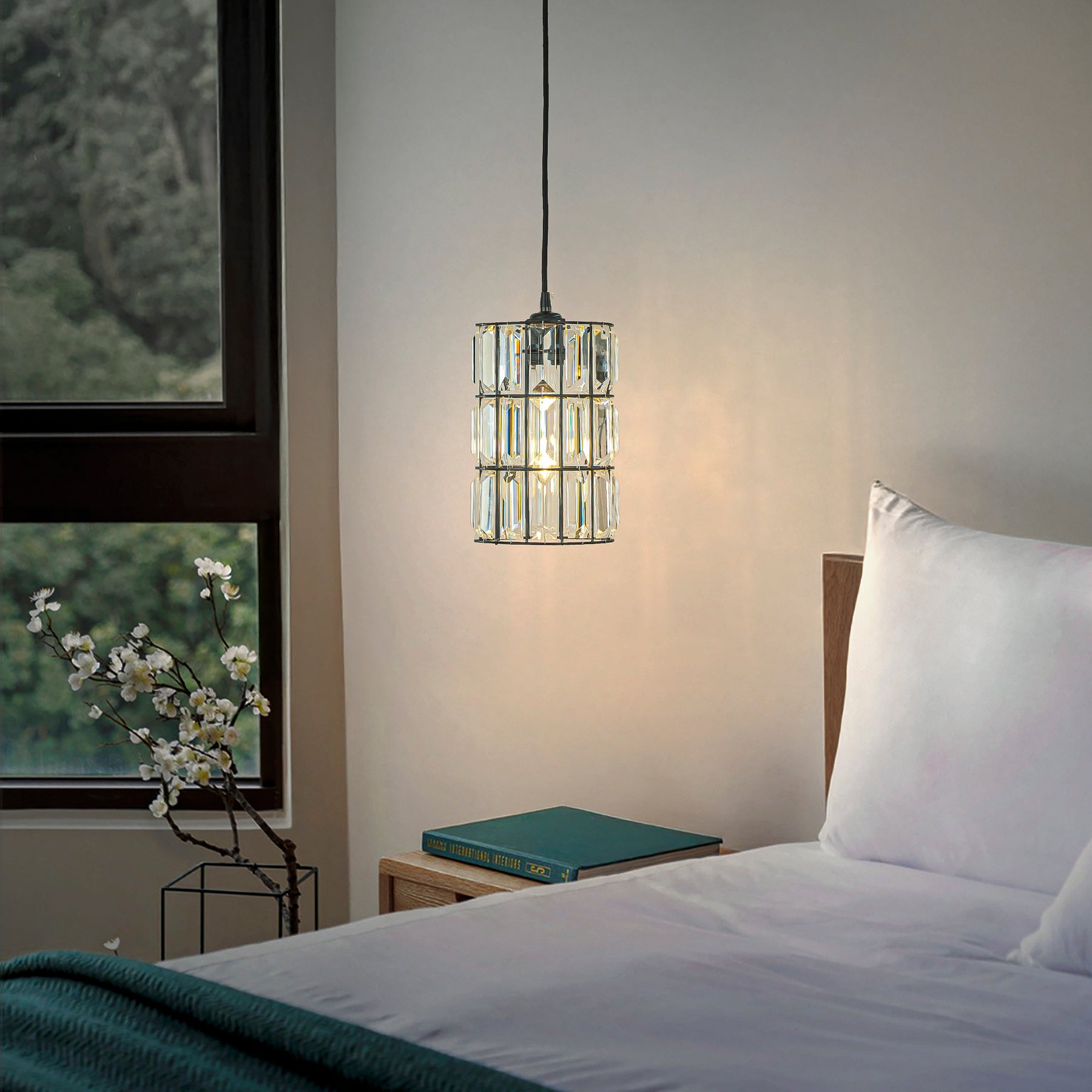 1-Light 7'' Modern Glam Matte Black Single Crystal Pendant Light Mini Elegant Crystal Durm Chandelier for Bedroom Kitchen Island