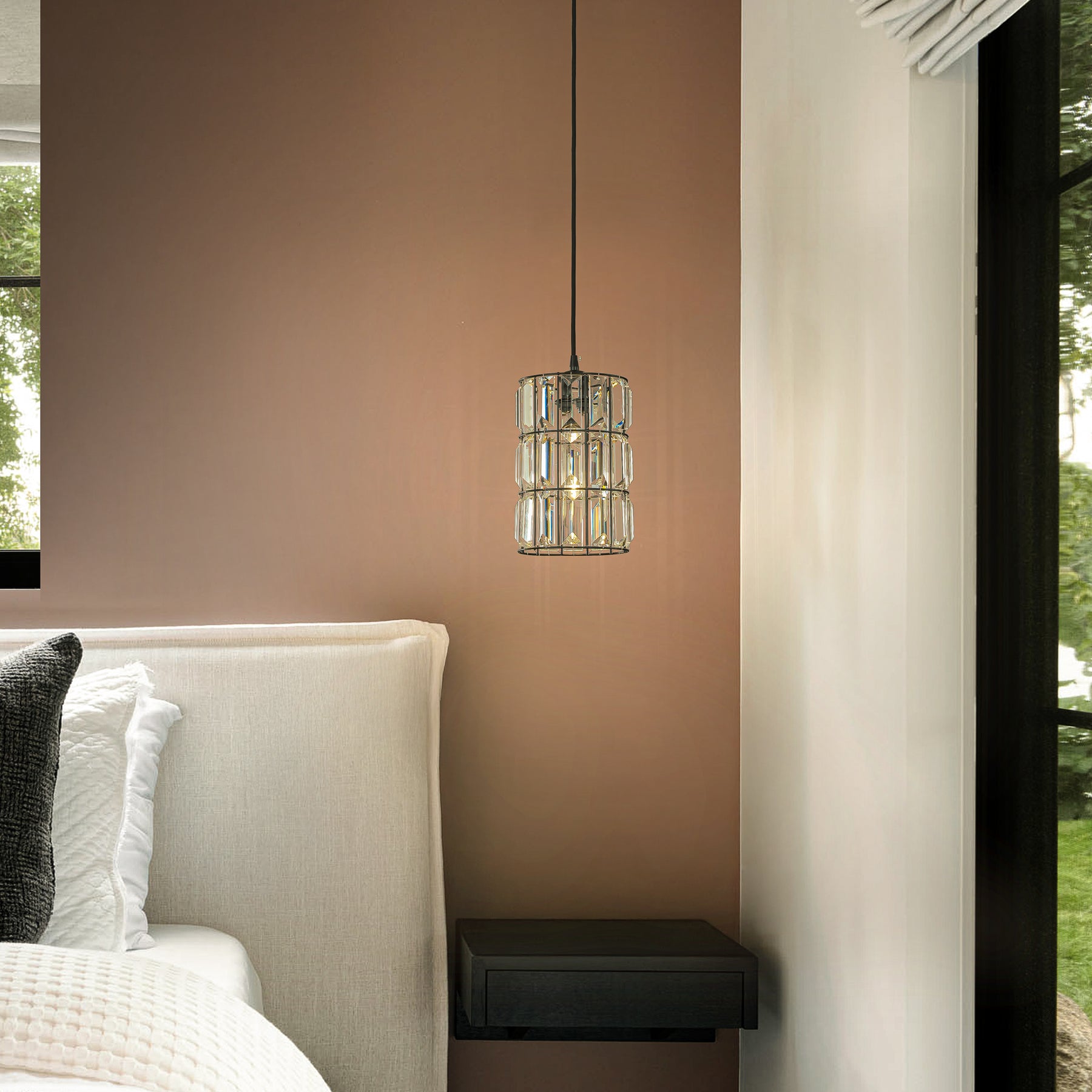 1-Light 7'' Modern Glam Matte Black Single Crystal Pendant Light Mini Elegant Crystal Durm Chandelier for Bedroom Kitchen Island