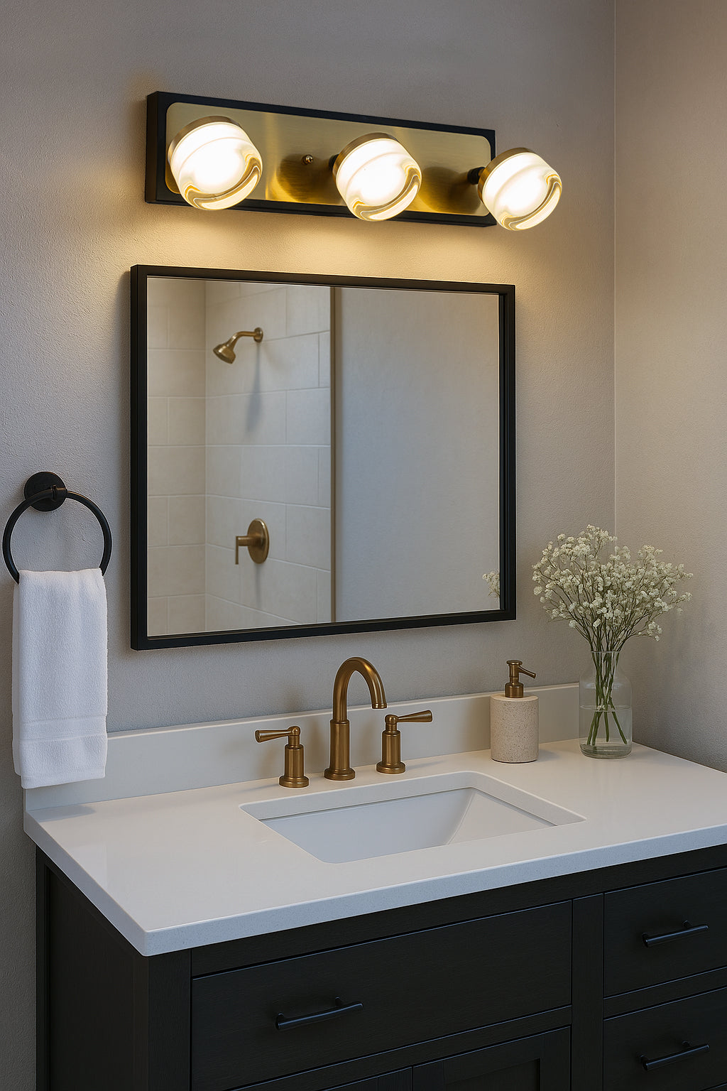 W19" 3-Light Modern Integrated LED Bathroom Vanity Light in Black and Brass Finish with White Acrylic Shade Contemporary Adjustable Head Wall Sconce