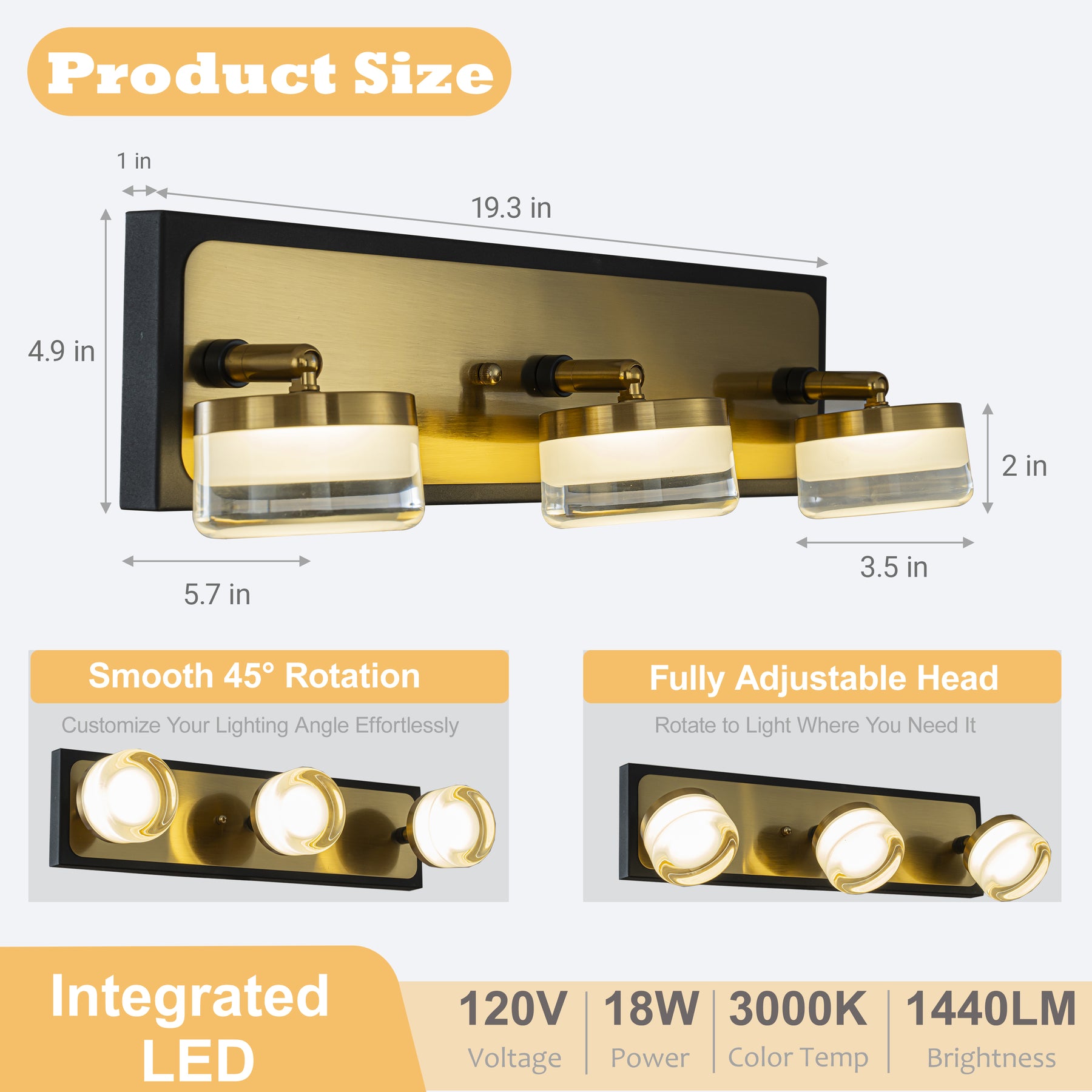 W19" 3-Light Modern Integrated LED Bathroom Vanity Light in Black and Brass Finish with White Acrylic Shade Contemporary Adjustable Head Wall Sconce
