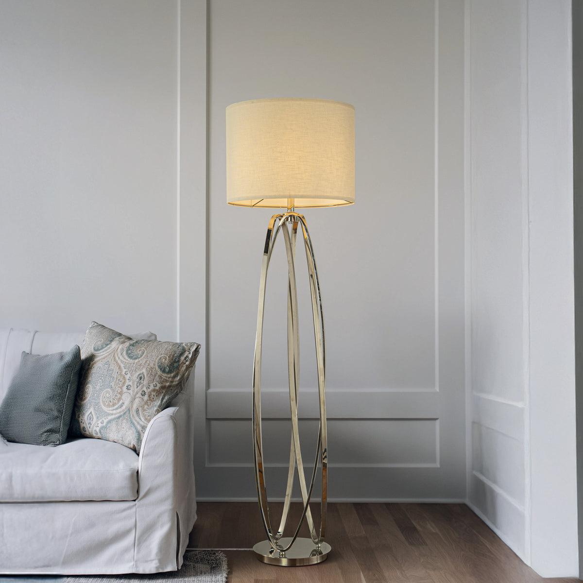 62'' Elegant Modern Polished Nickel Metal Floor Lamp With Ivory Fabric Drum Shade For Living Room Dining Room