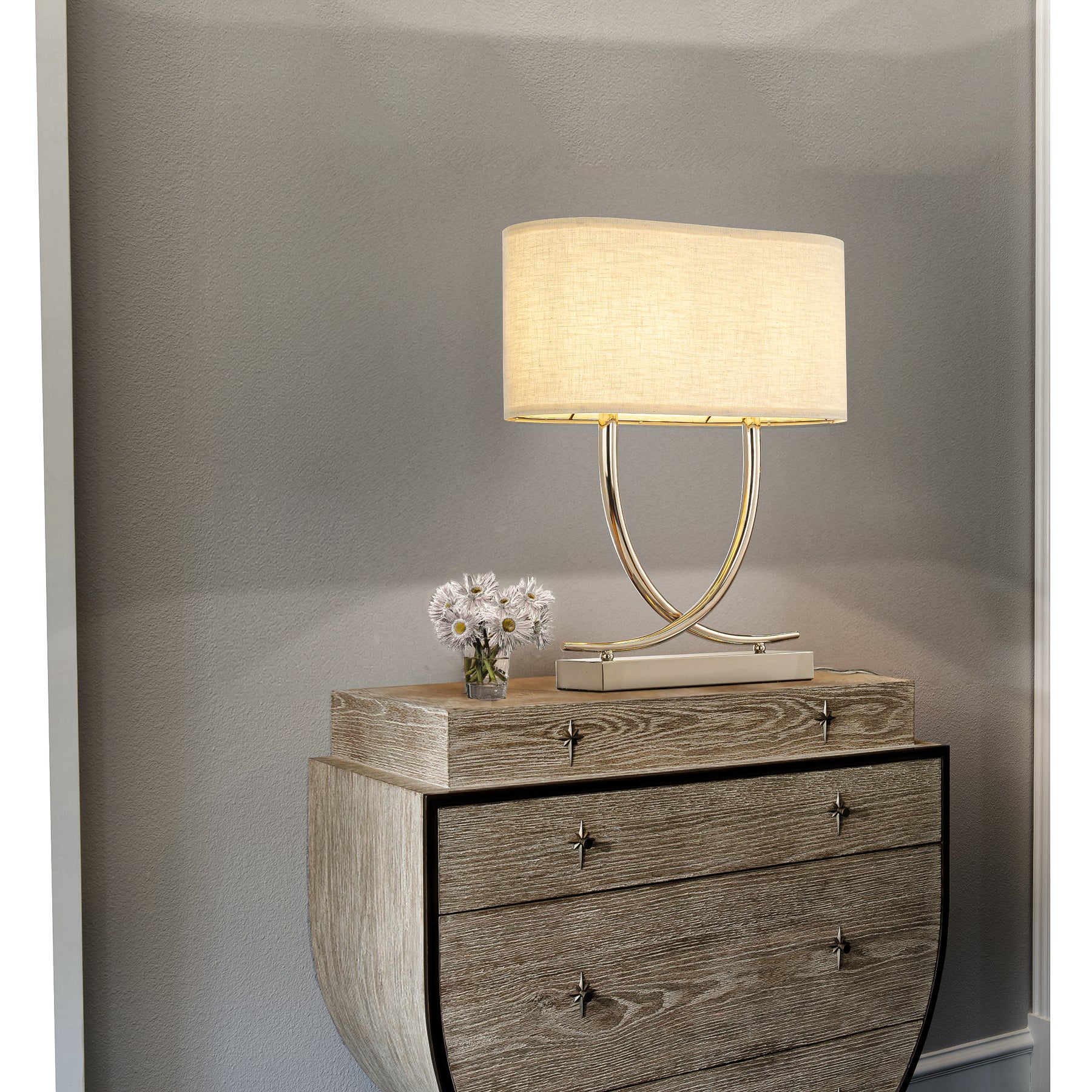 2-Light 24'' Modern Elegant Polished Nickel Minimalist Stainless Steel Table Lamp With Ivory Fabric Shade For Entryway Living Room Bedside