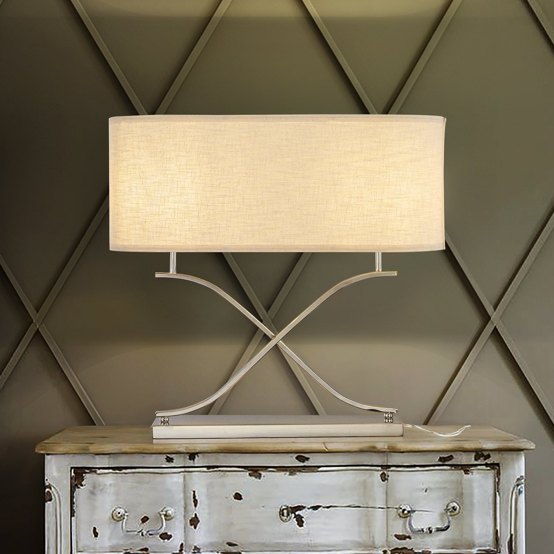 2-Light 24'' Modern Elegant Polished Nickel Minimalist Stainless Steel Table Lamp With Ivory Fabric Shade For Entryway Living Room Bedside