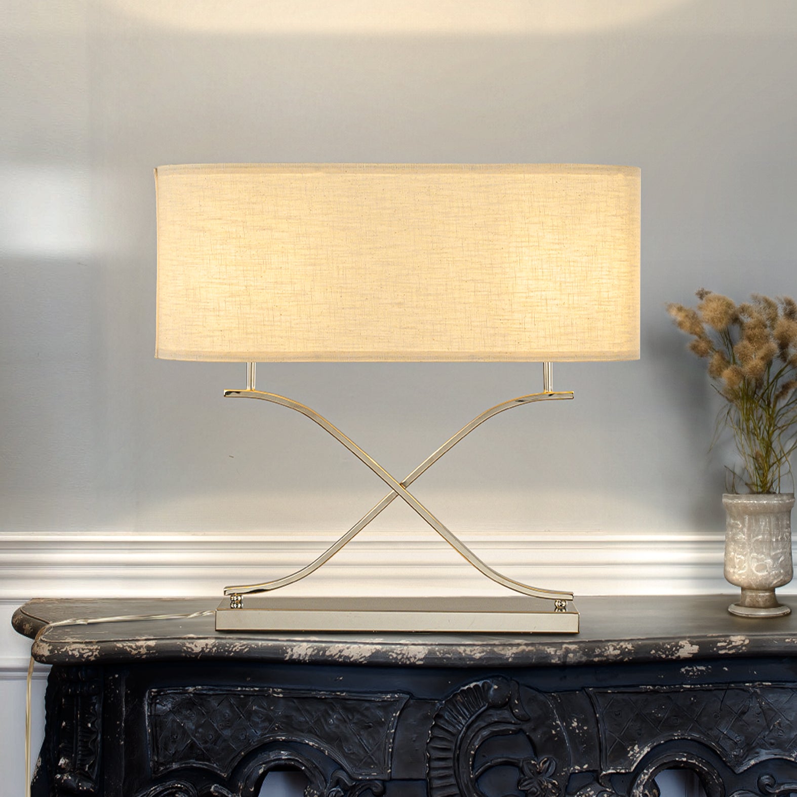 2-Light 24'' Modern Elegant Polished Nickel Minimalist Stainless Steel Table Lamp With Ivory Fabric Shade For Entryway Living Room Bedside