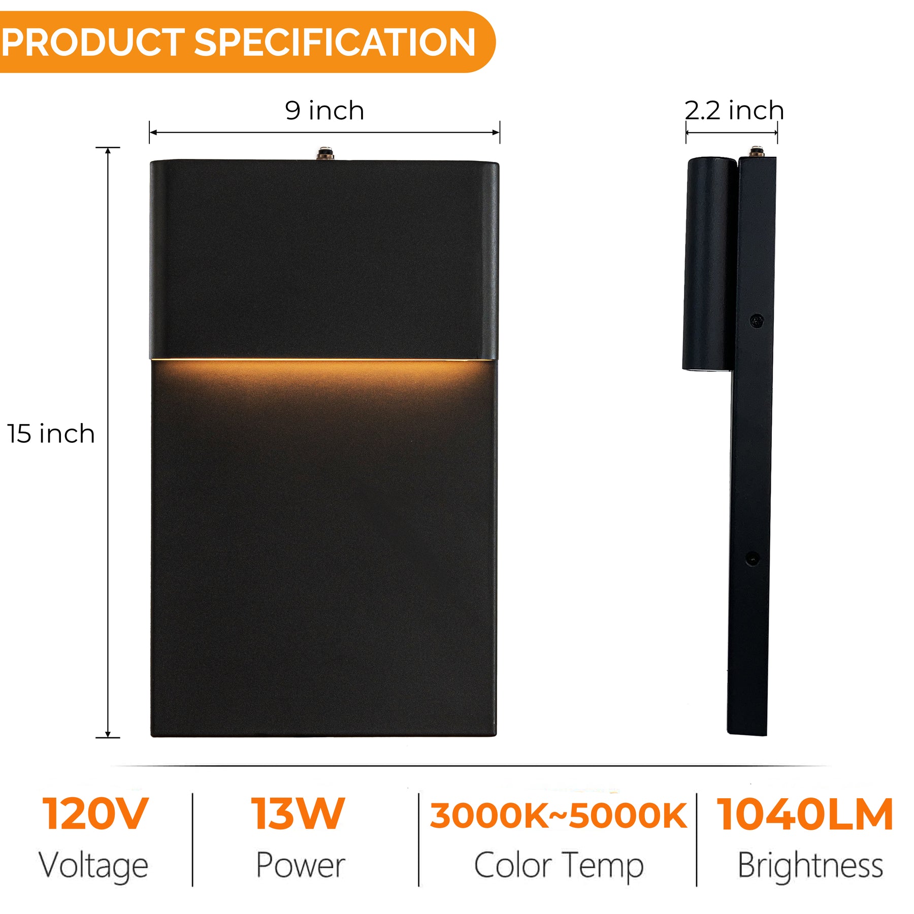 1-Light H15 in Modern Simple Sqaure 13W Integrated LED Outdoor Wall Sconce with Dusk to Dawn Sensor in Matte Black for Porch Patio