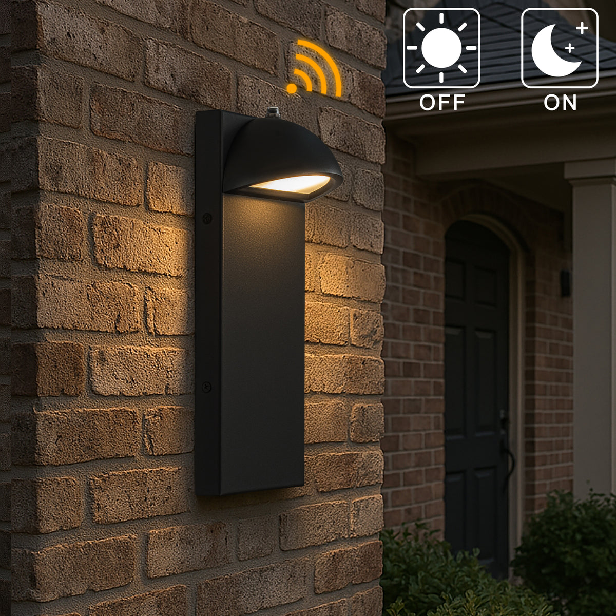 1 Light H11 in. Modern Outdoor Integrated LED Wall Light with Dusk-to-Dawn Sensor Minimalist Lines Black Exterior Sconce with Frosted Glass for Entryway Porch
