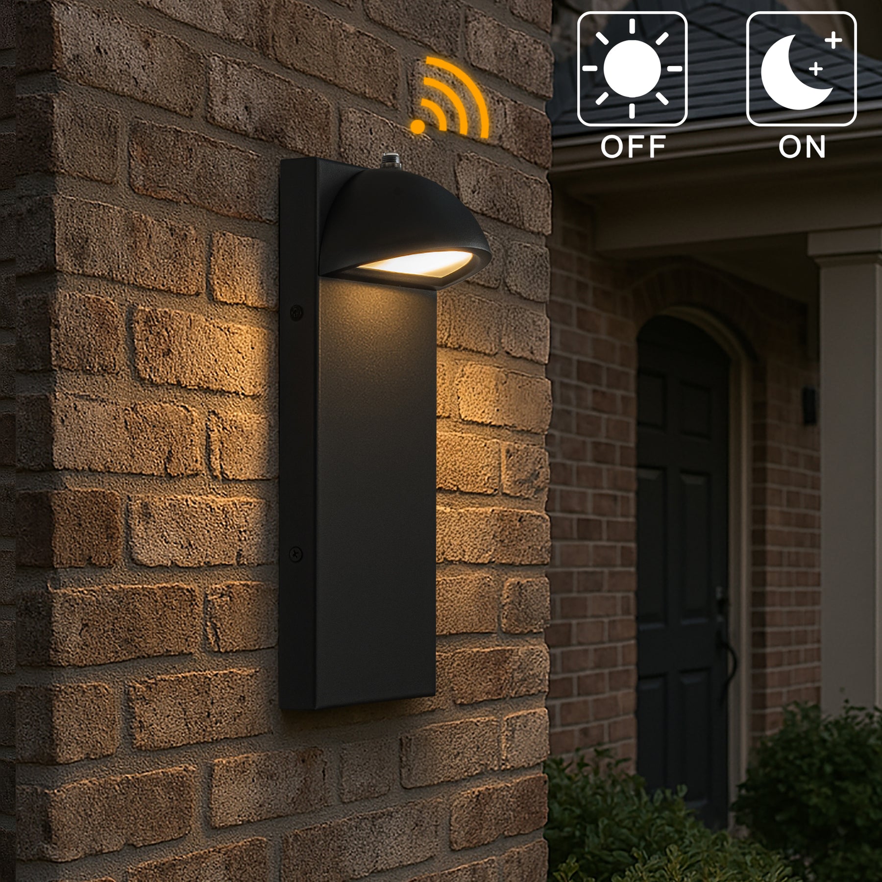 1 Light H11 in. Modern Outdoor Integrated LED Wall Light with Dusk-to-Dawn Sensor Minimalist Lines Black Exterior Sconce with Frosted Glass for Entryway Porch