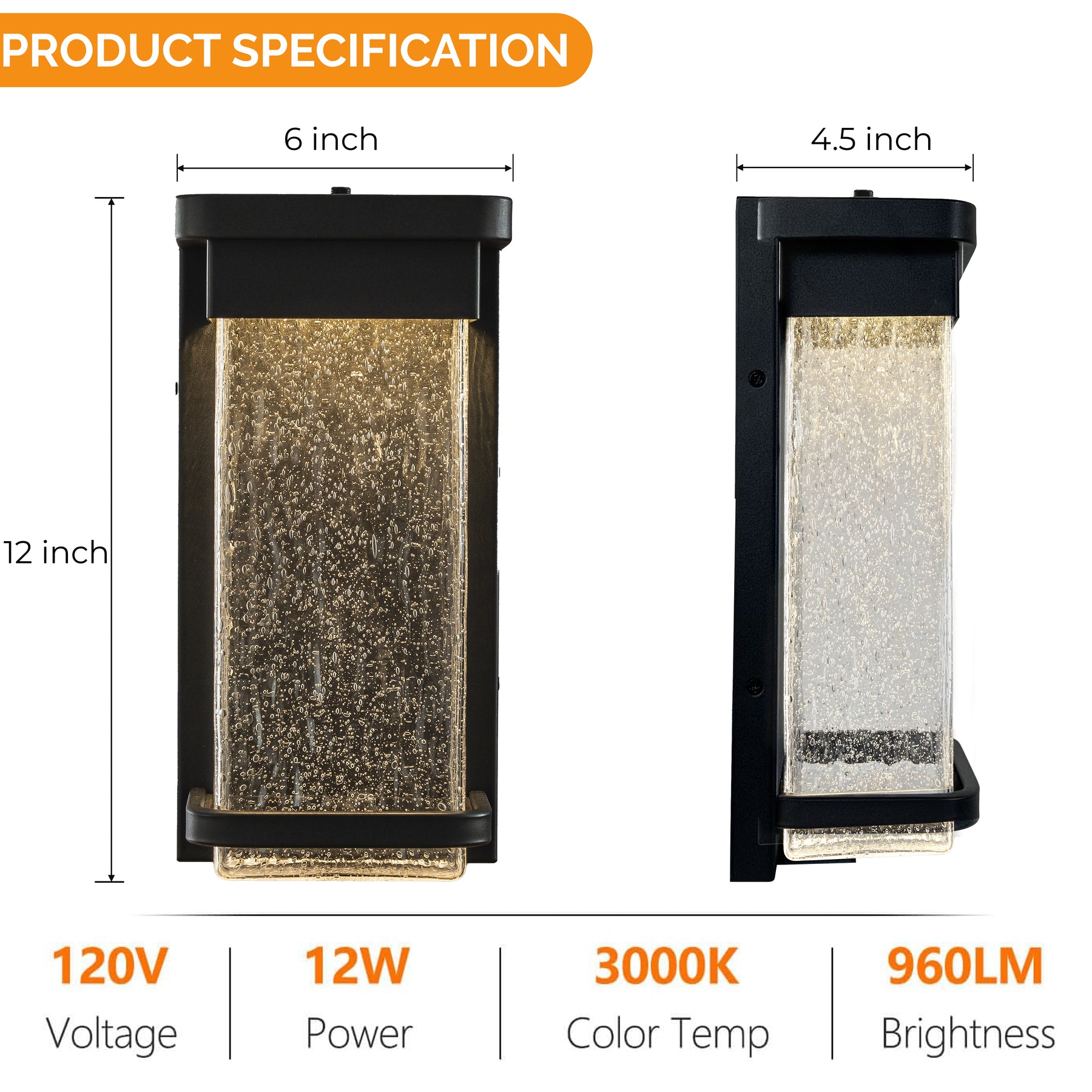 1-Light H12 in Modern Seeded Glass12W Integrated LED Outdoor Wall Sconce with Dusk to Dawn Sensor in Matte Black for Porch Patio