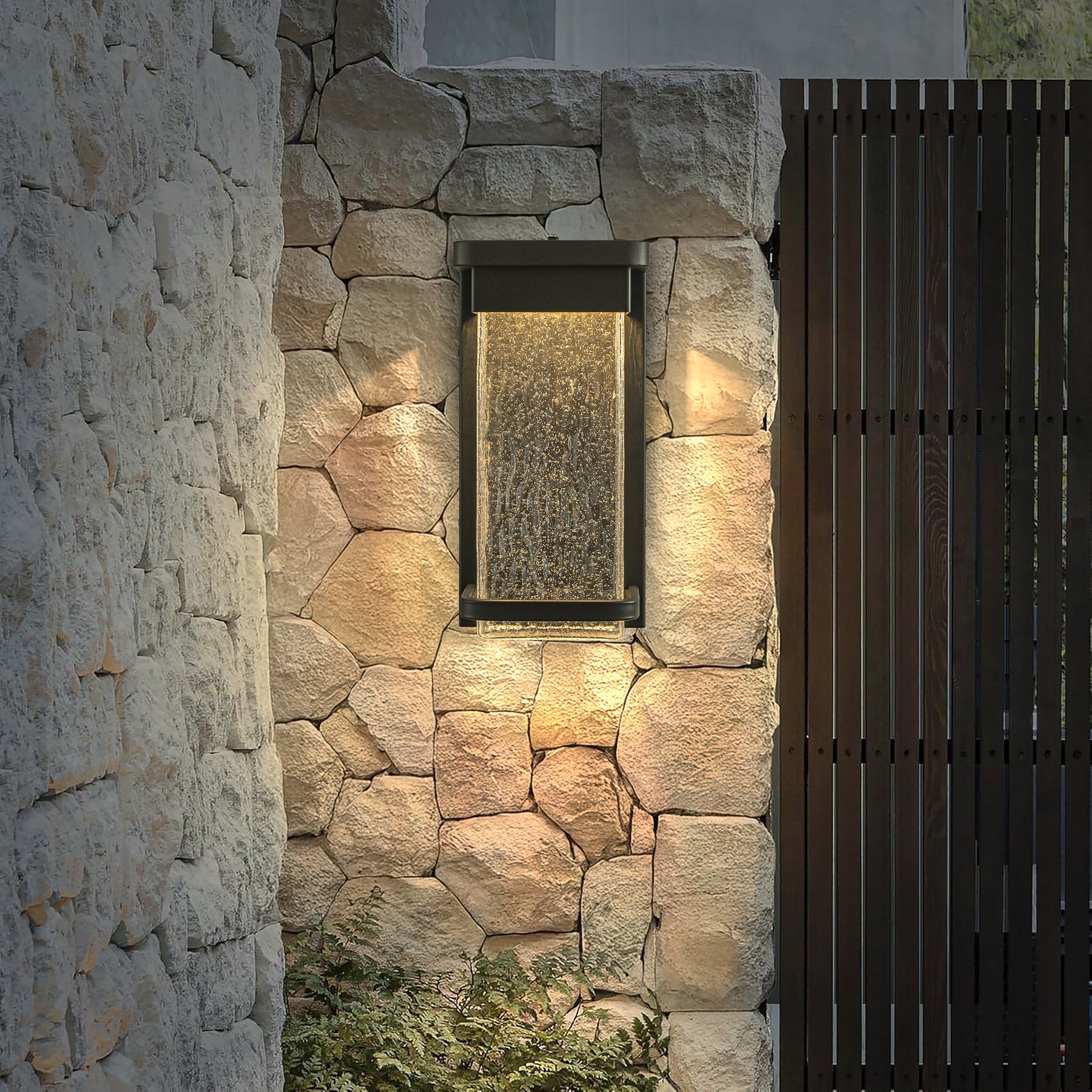 1-Light H12 in Modern Seeded Glass12W Integrated LED Outdoor Wall Sconce with Dusk to Dawn Sensor in Matte Black for Porch Patio