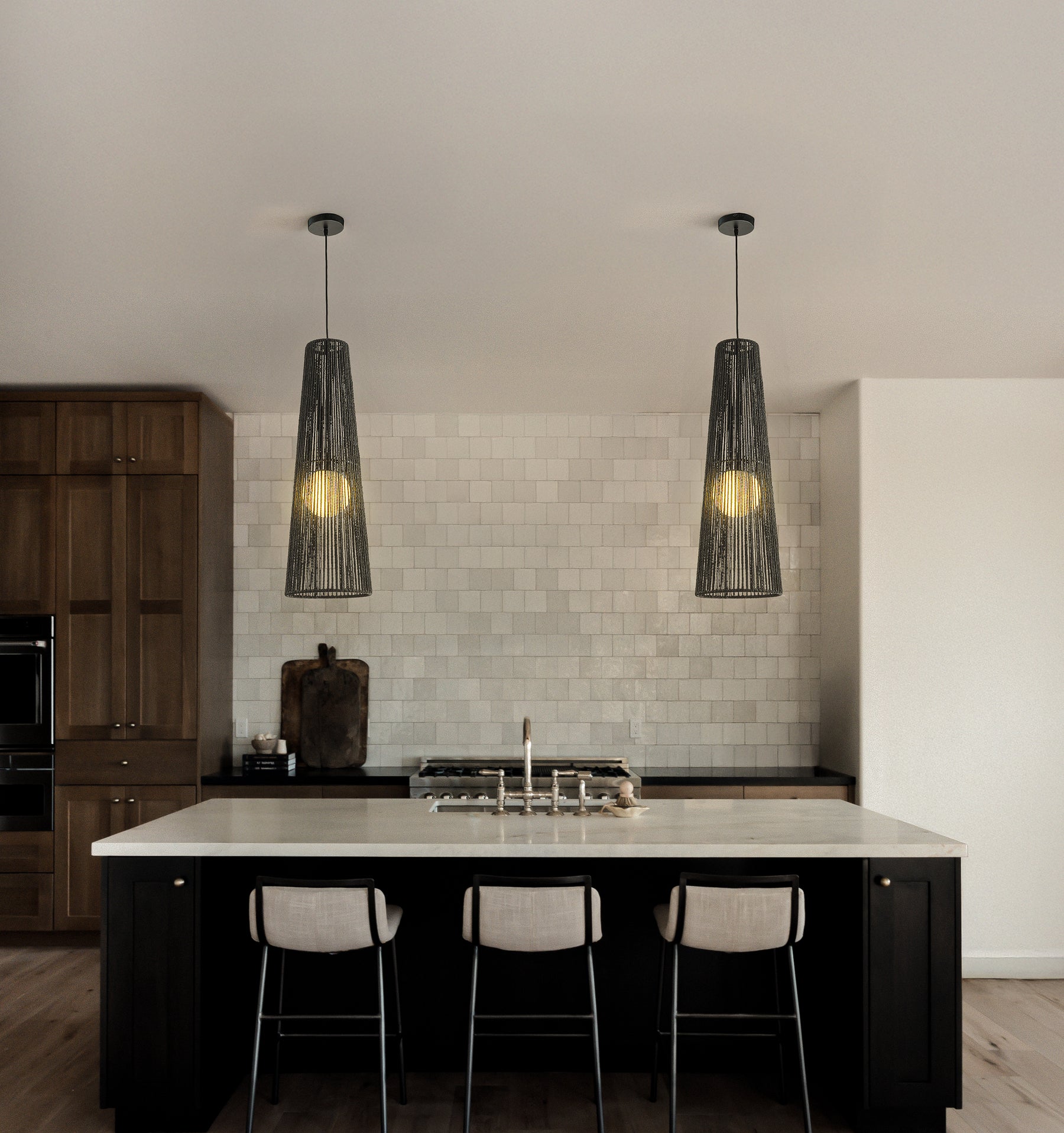1-Light Modern Black Hand-Woven Rattan Staircase Chandelier Bubble Natural Long Pendant Light High Ceiling Hanging Lamp For Foyer Bedroom