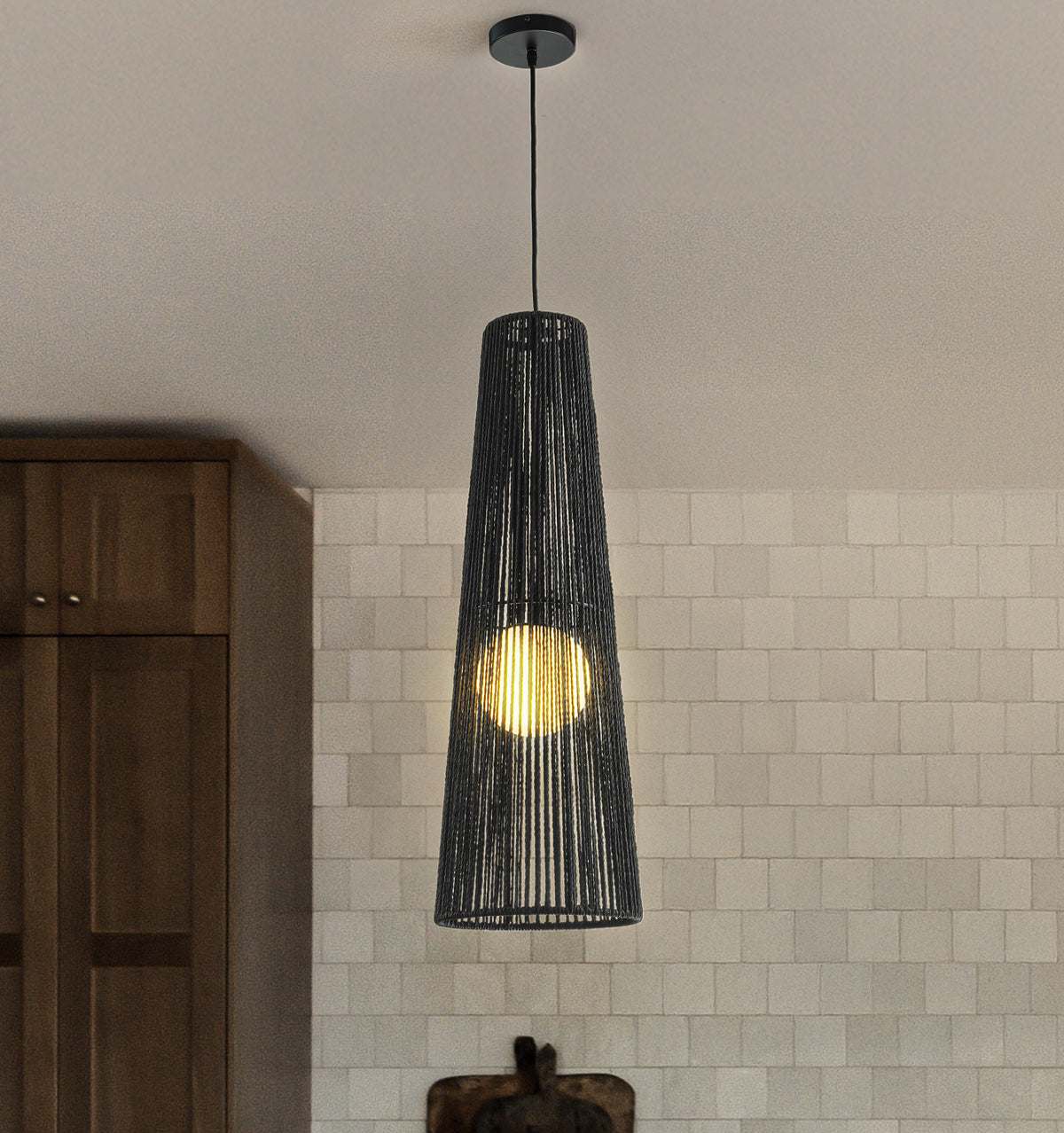 1-Light Modern Black Hand-Woven Rattan Staircase Chandelier Bubble Natural Long Pendant Light High Ceiling Hanging Lamp For Foyer Bedroom