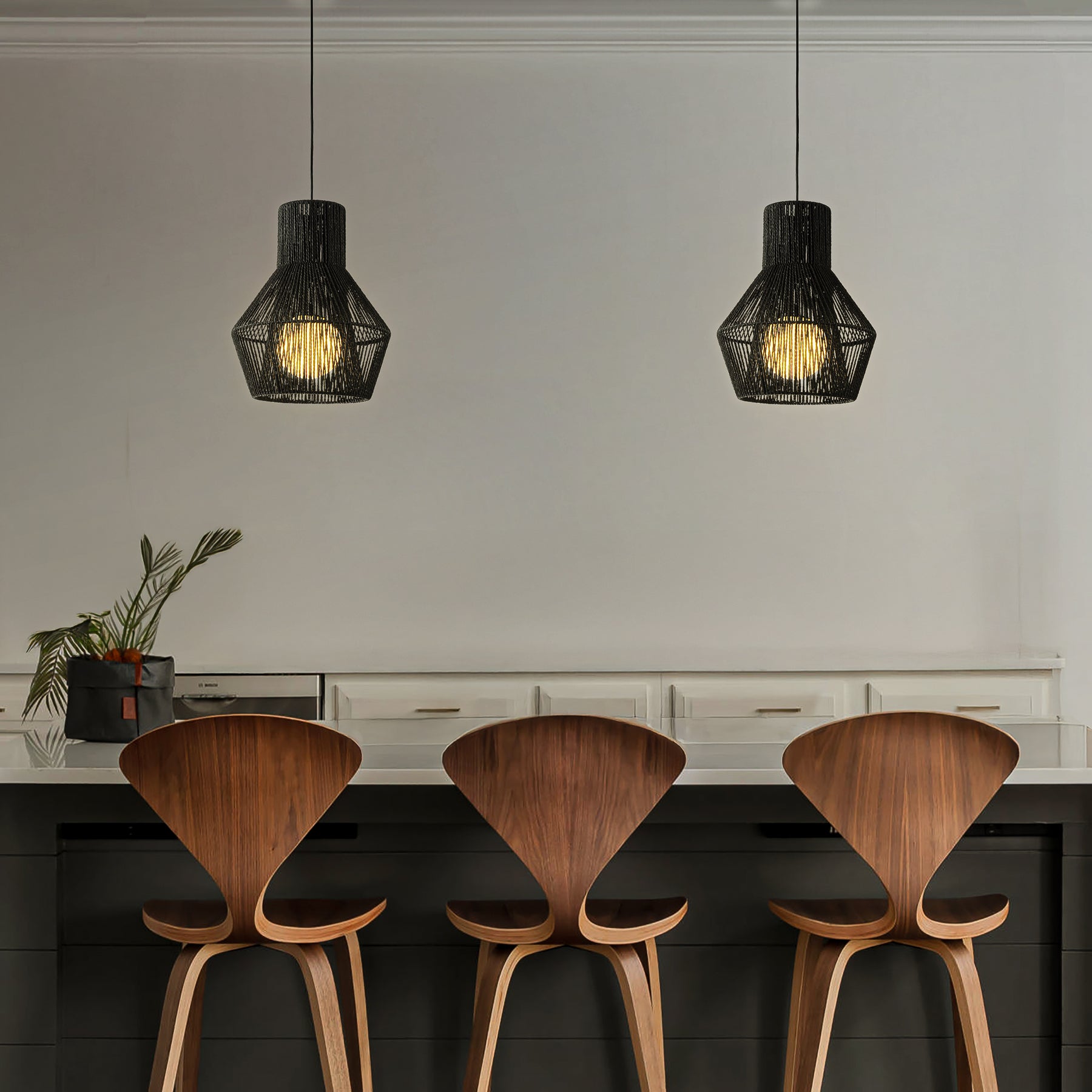 1-Light Modern Black Hand-Woven Rattan Chandelier Bubble Trasitional Cylinder Medium Natura Pendant Light For Dining Room Bedroom