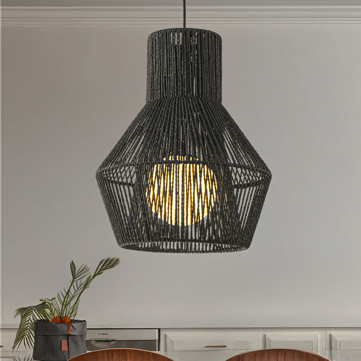 1-Light Modern Black Hand-Woven Rattan Chandelier Bubble Trasitional Cylinder Medium Natura Pendant Light For Dining Room Bedroom