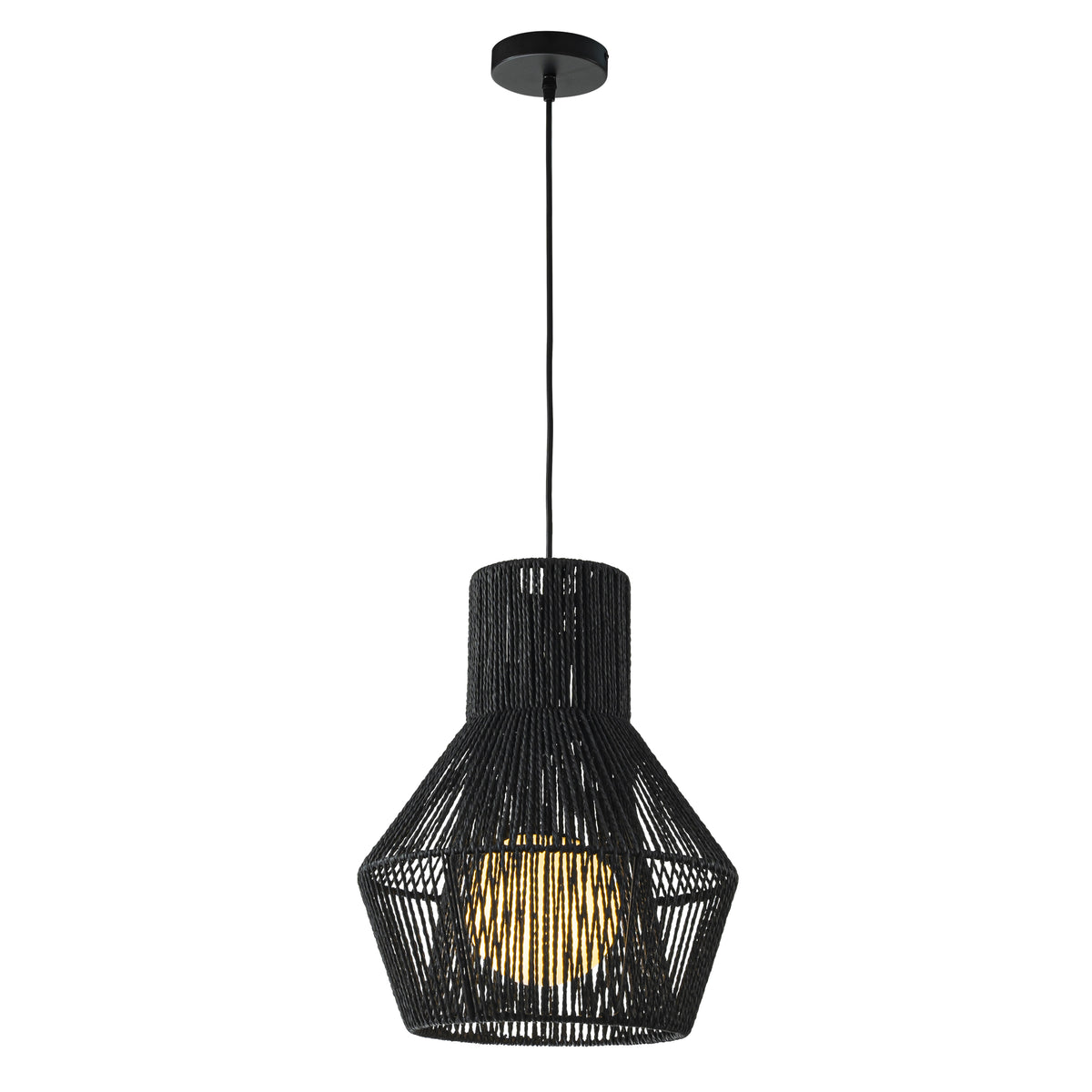 1-Light Modern Black Hand-Woven Rattan Chandelier Bubble Trasitional Cylinder Medium Natura Pendant Light For Dining Room Bedroom