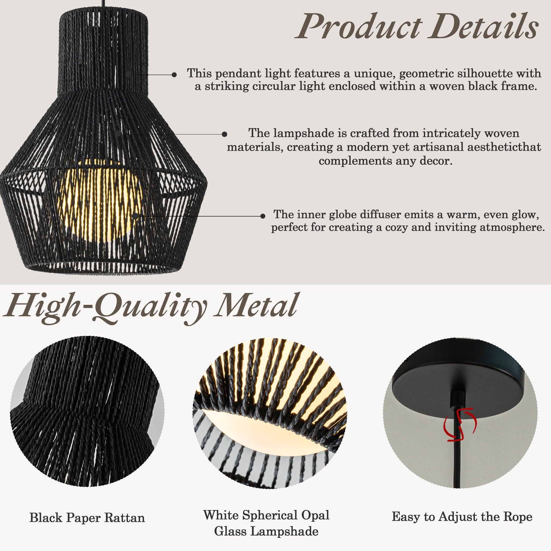 1-Light Modern Black Hand-Woven Rattan Chandelier Bubble Trasitional Cylinder Medium Natura Pendant Light For Dining Room Bedroom