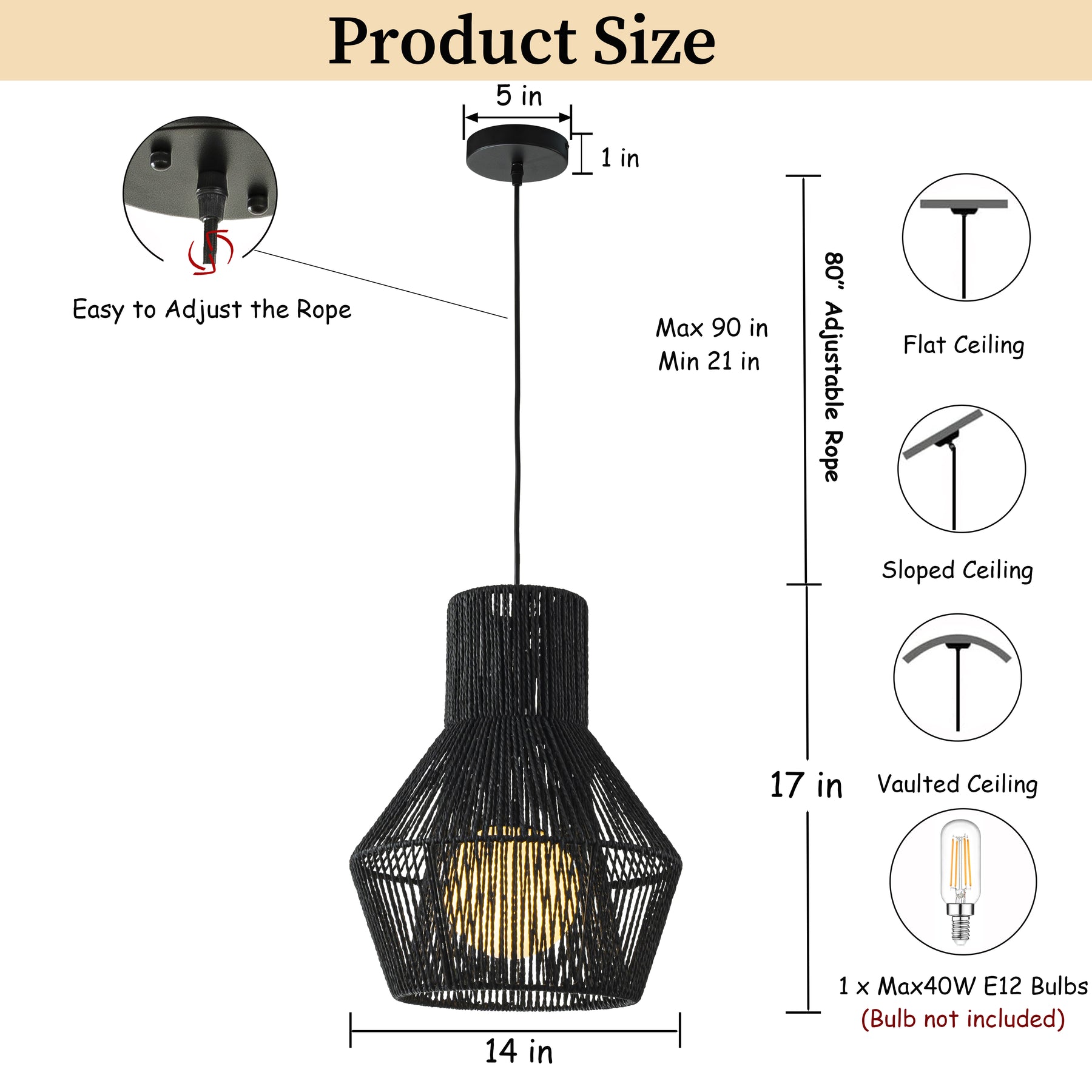 1-Light Modern Black Hand-Woven Rattan Chandelier Bubble Trasitional Cylinder Medium Natura Pendant Light For Dining Room Bedroom