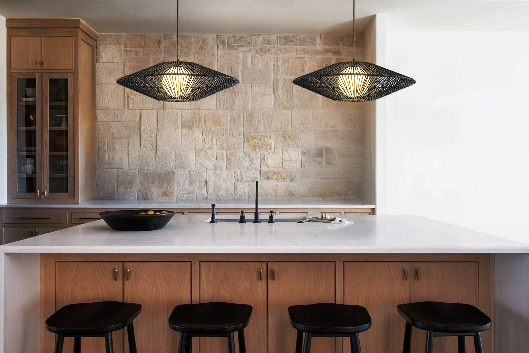 1-Light 23'' Modern Black Hand-Woven Rattan Chandelier Bubble Trasitional Natura Pendant Light For Dining Room Kitchen Island