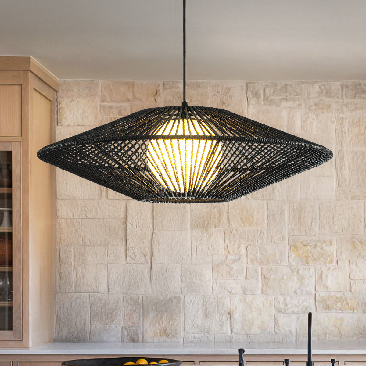 1-Light 23'' Modern Black Hand-Woven Rattan Chandelier Bubble Trasitional Natura Pendant Light For Dining Room Kitchen Island
