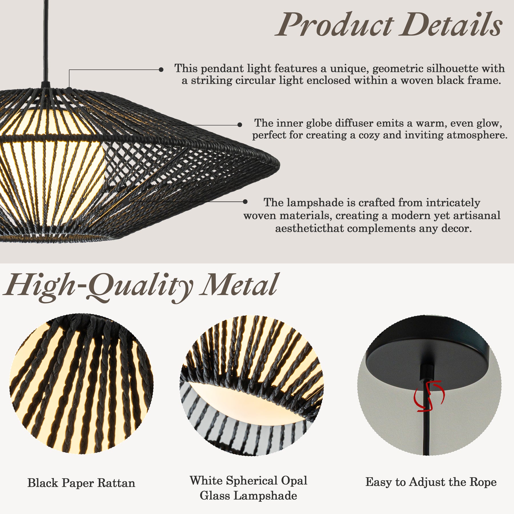 1-Light 23'' Modern Black Hand-Woven Rattan Chandelier Bubble Trasitional Natura Pendant Light For Dining Room Kitchen Island
