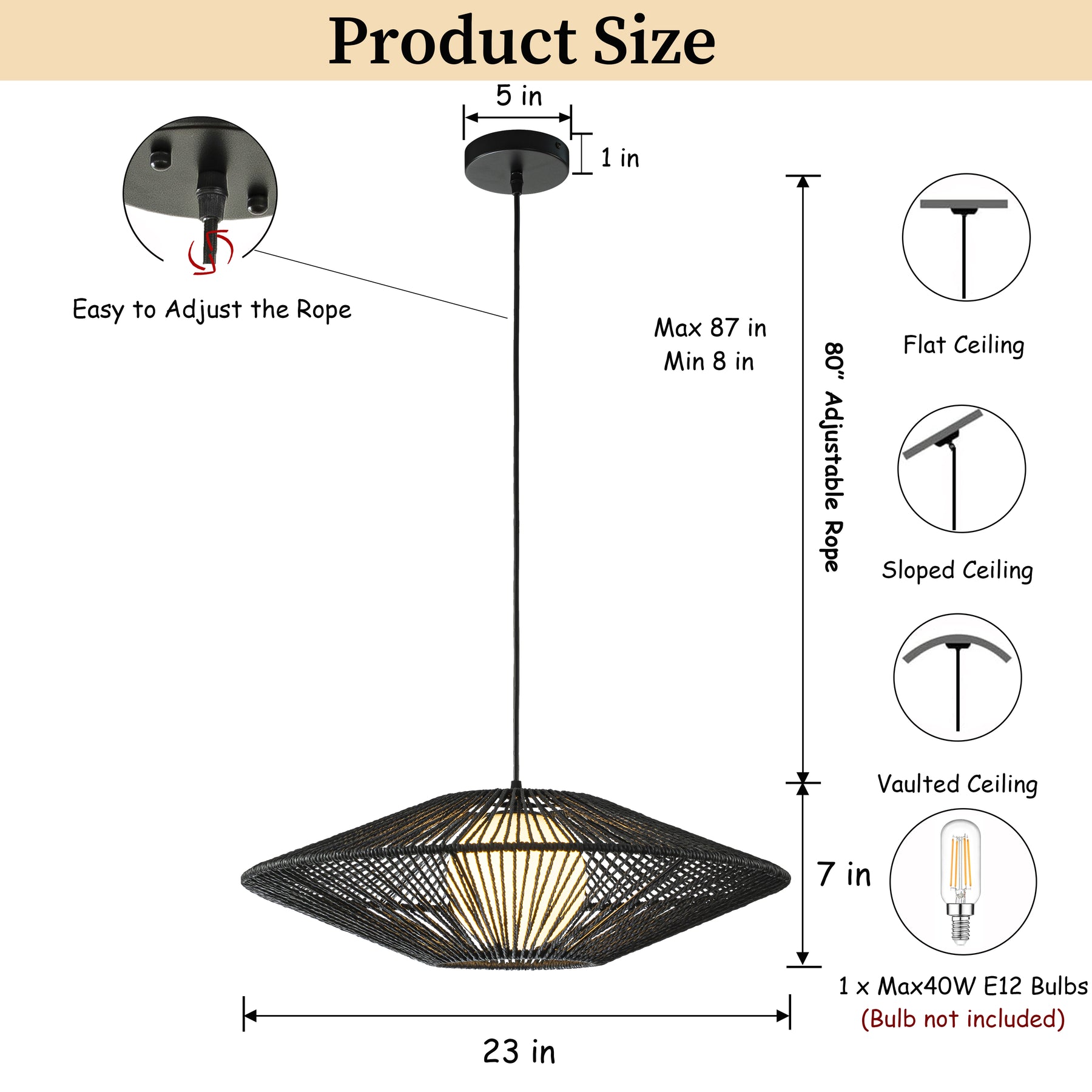1-Light 23'' Modern Black Hand-Woven Rattan Chandelier Bubble Trasitional Natura Pendant Light For Dining Room Kitchen Island