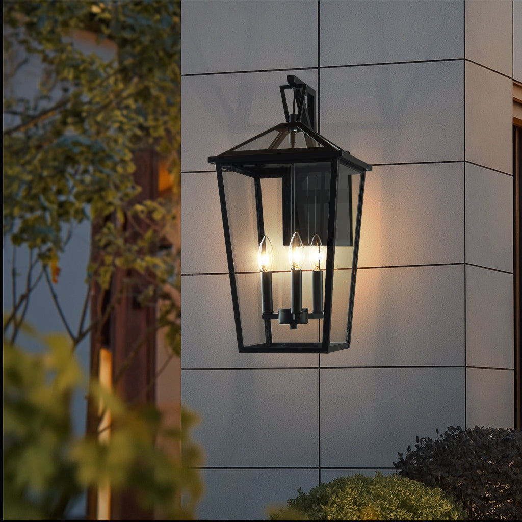H22" 3-Light Classic Large Outdoor Wall Lantern Matte Black Exterior Wall Sconce with Clear Tempered Glass Open Bottom Wall Mount Light Fixture for Porch Garage Entryway