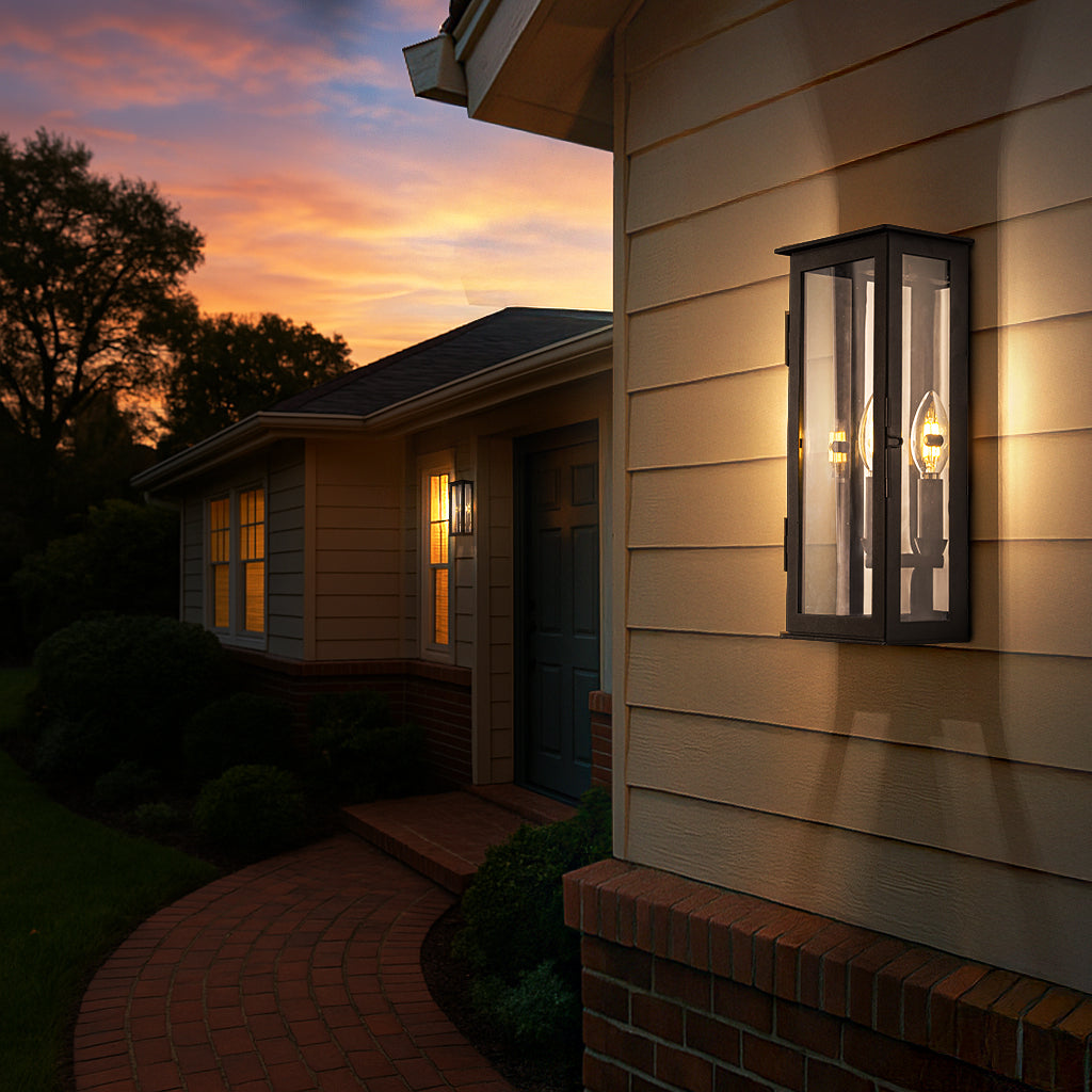1 Light H12 in. Modern Matte Black Outdoor Wall Light with Dusk-to-Dawn Sensor Simplicity Exterior Wall Sconce with Clear Glass Shade for Porch Garden