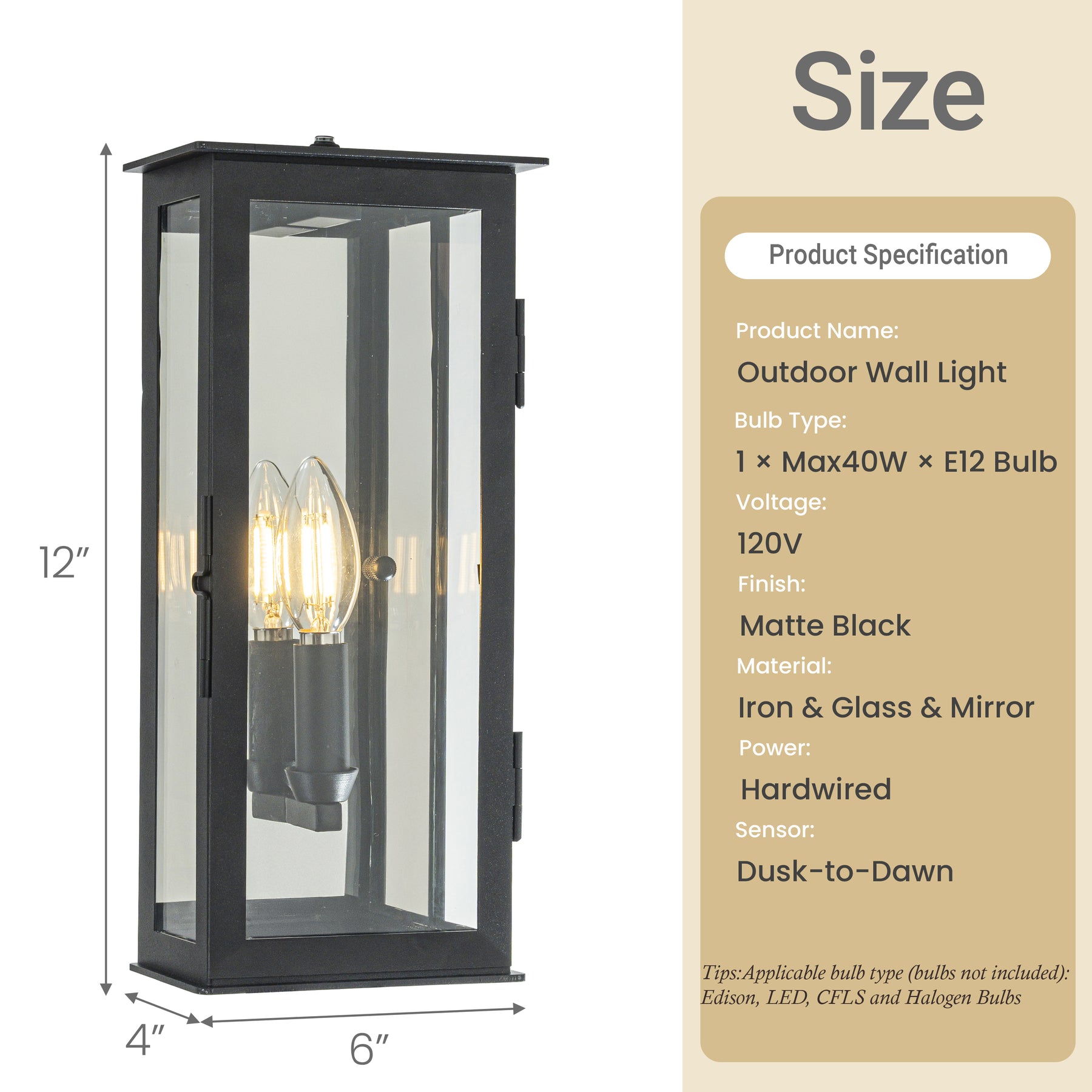 1 Light H12 in. Modern Matte Black Outdoor Wall Light with Dusk-to-Dawn Sensor Simplicity Exterior Wall Sconce with Clear Glass Shade for Porch Garden