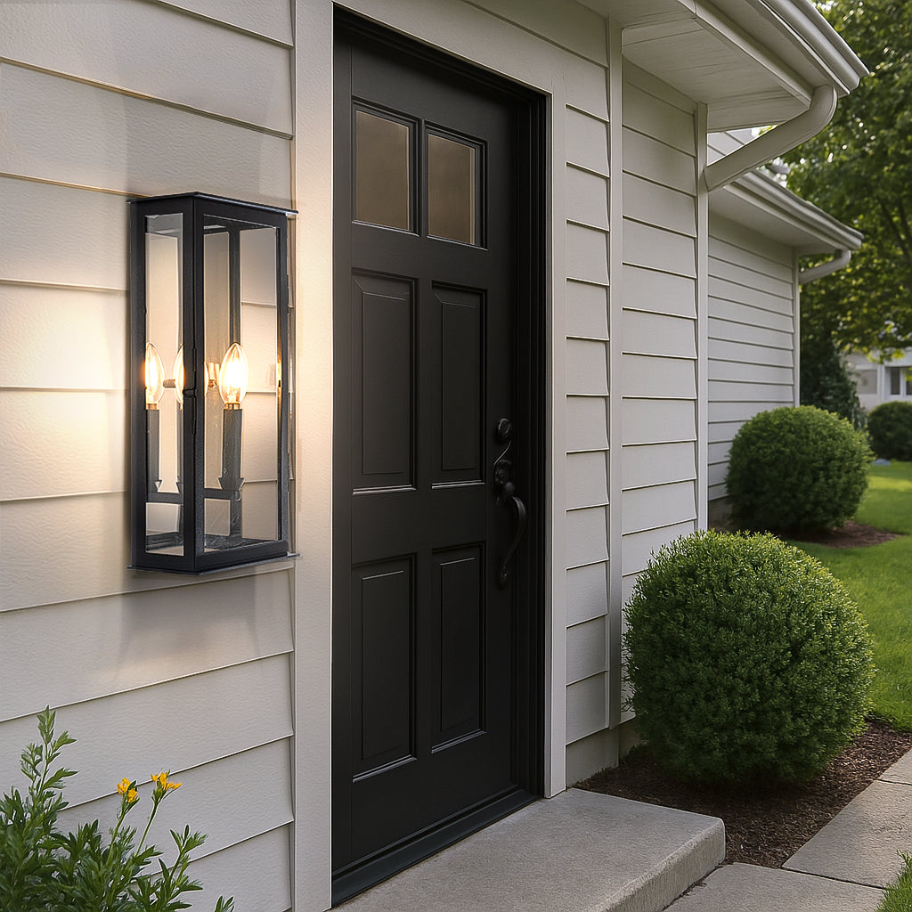 2-Light H16 in. Modern Rectangular Outdoor Wall Sconce with Dusk-to-Dawn Sensor in Matte Black Exterior Light Fixture with Clear Shade for Porch Entryway