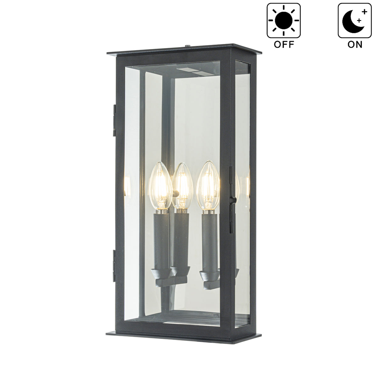 2-Light H16 in. Modern Rectangular Outdoor Wall Sconce with Dusk-to-Dawn Sensor in Matte Black Exterior Light Fixture with Clear Shade for Porch Entryway