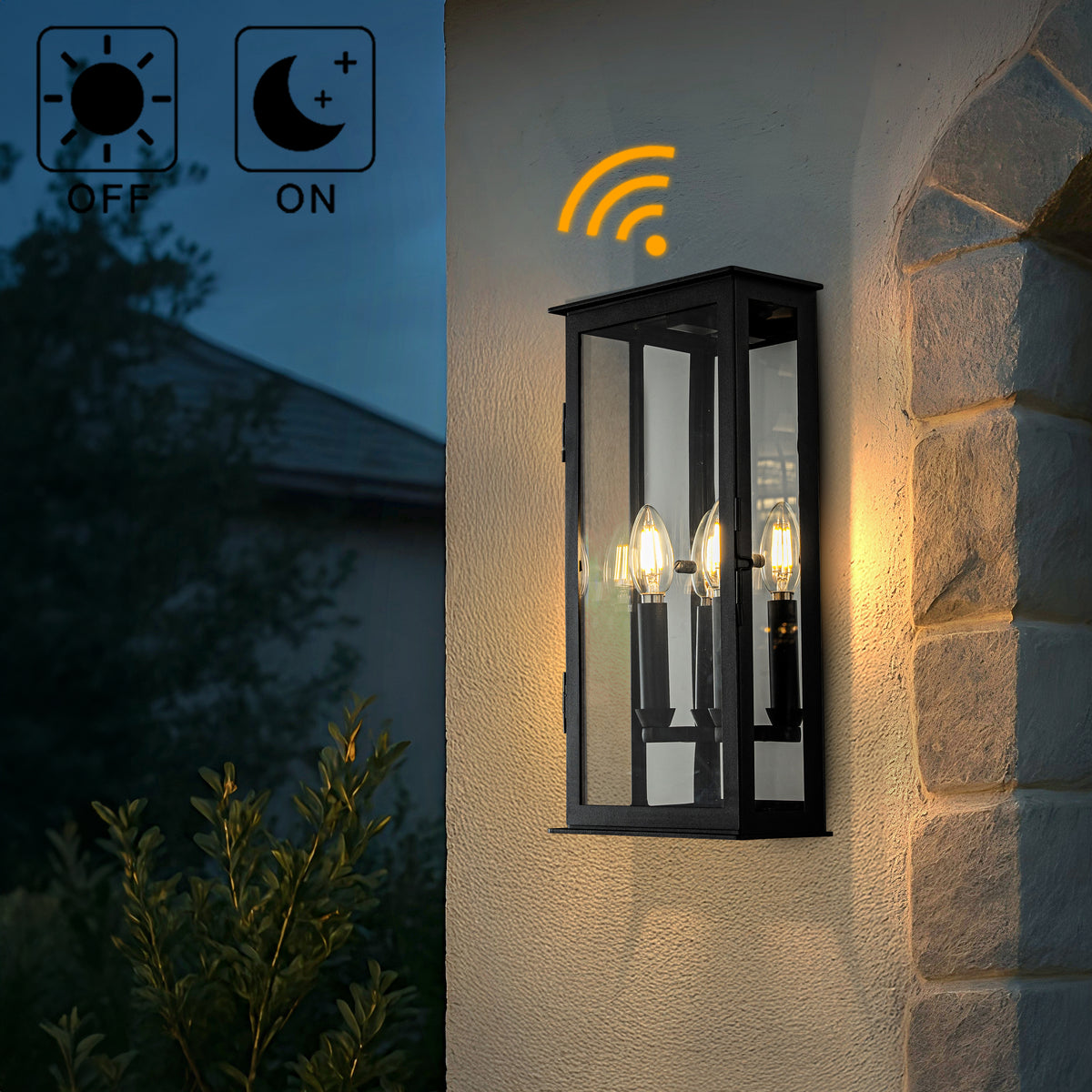 2-Light H16 in. Modern Rectangular Outdoor Wall Sconce with Dusk-to-Dawn Sensor in Matte Black Exterior Light Fixture with Clear Shade for Porch Entryway