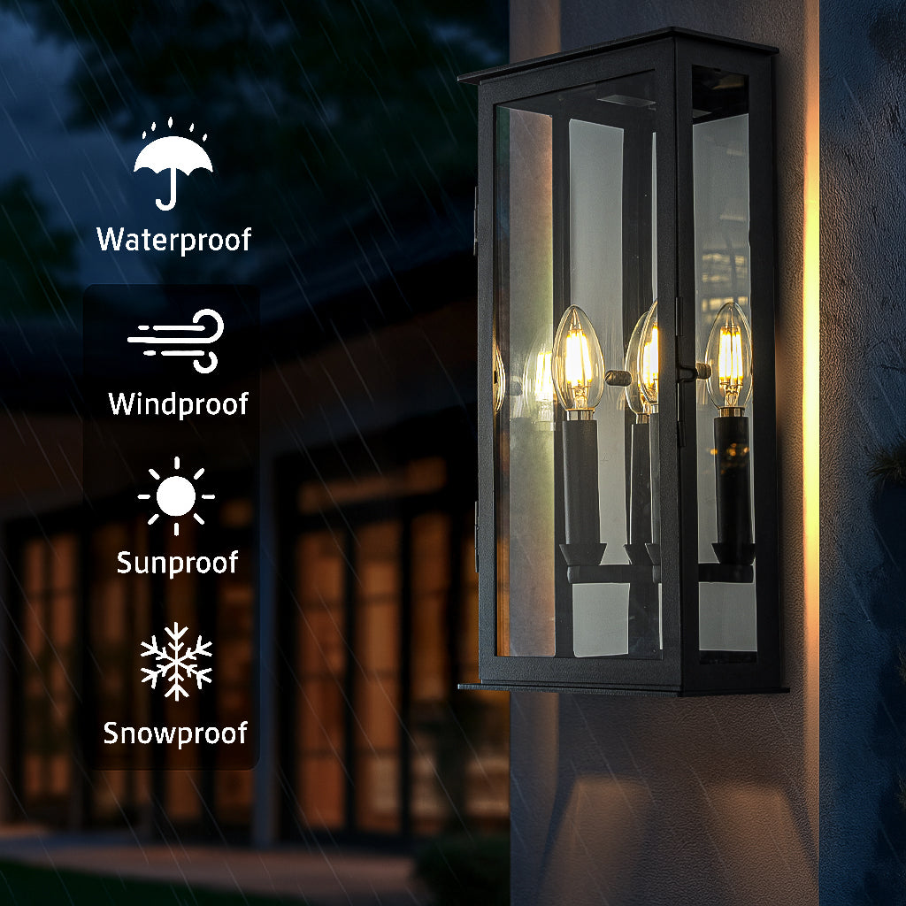 2-Light H16 in. Modern Rectangular Outdoor Wall Sconce with Dusk-to-Dawn Sensor in Matte Black Exterior Light Fixture with Clear Shade for Porch Entryway
