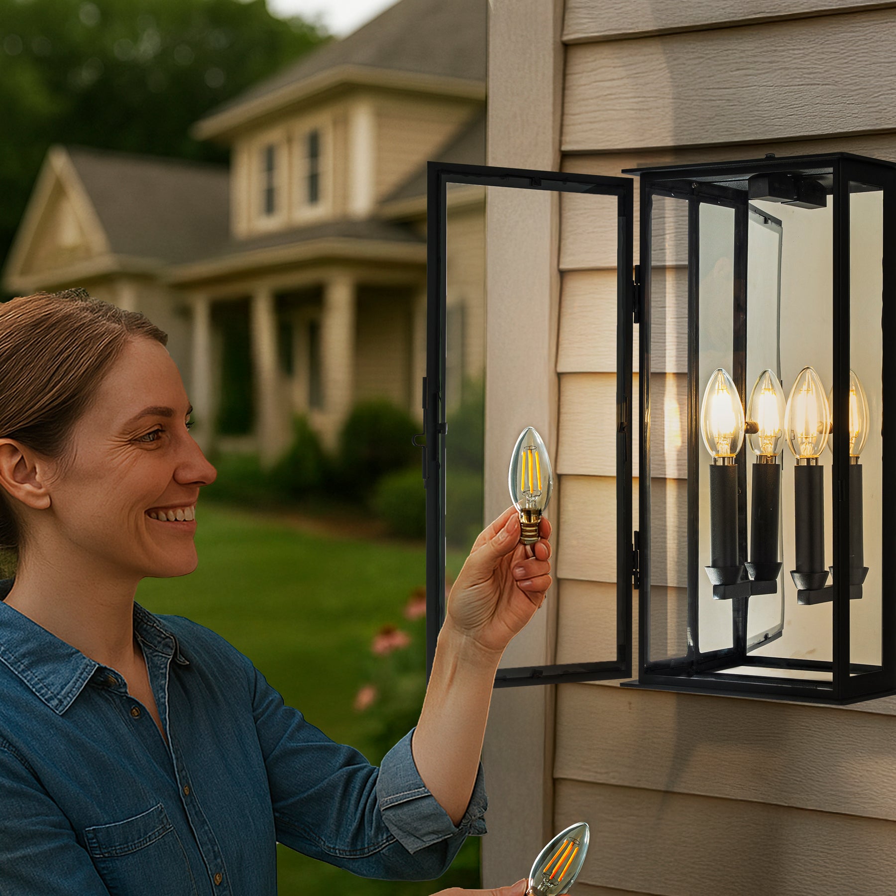 2-Light H16 in. Modern Rectangular Outdoor Wall Sconce with Dusk-to-Dawn Sensor in Matte Black Exterior Light Fixture with Clear Shade for Porch Entryway