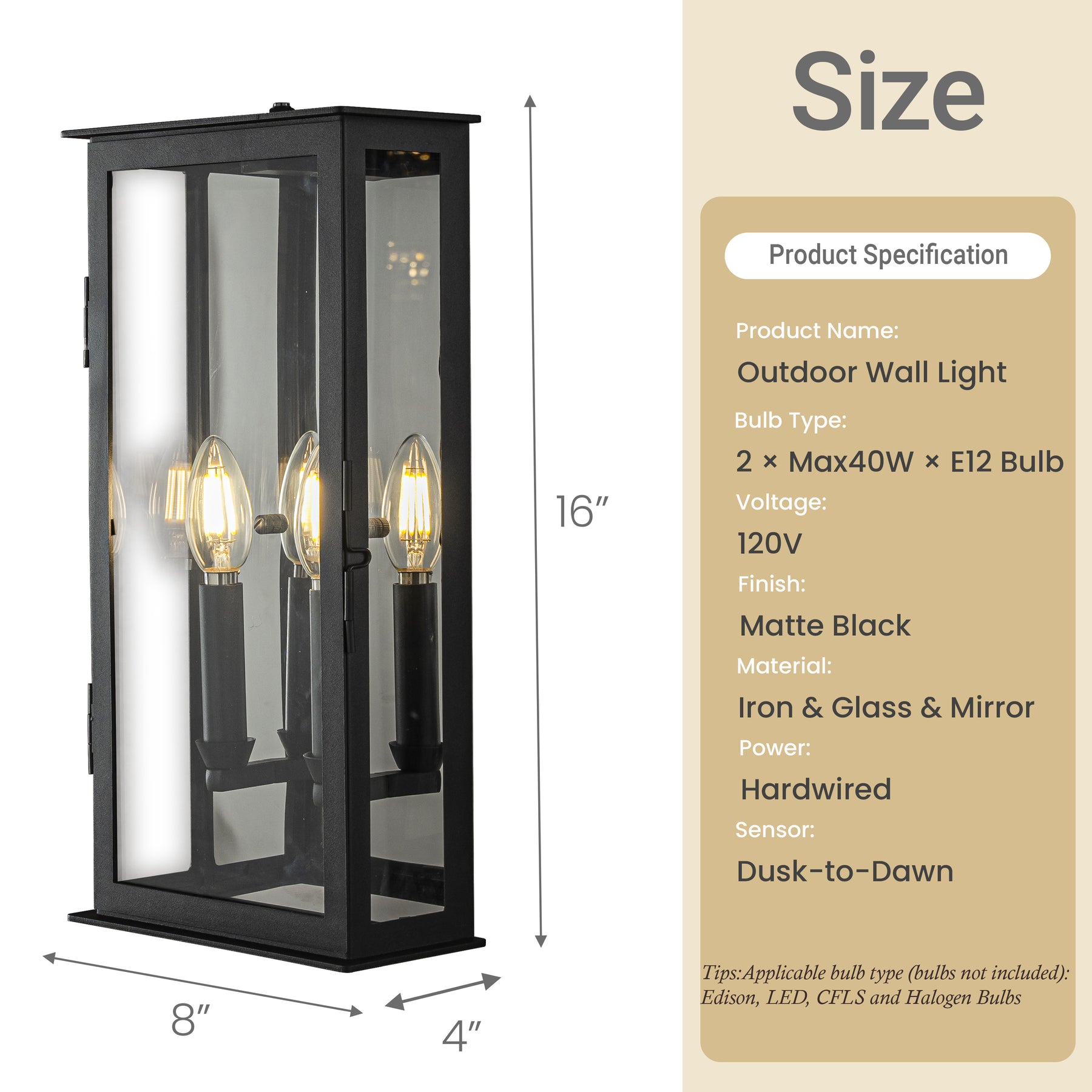 2-Light H16 in. Modern Rectangular Outdoor Wall Sconce with Dusk-to-Dawn Sensor in Matte Black Exterior Light Fixture with Clear Shade for Porch Entryway