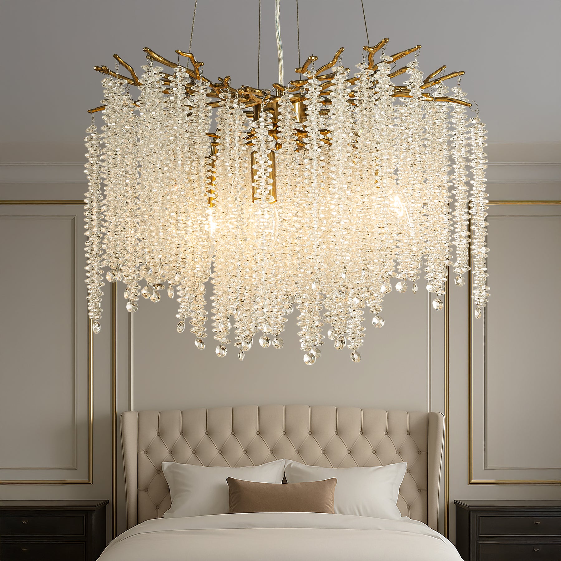 20'' Modern Glam Crystal Chandelier Antique Brass Branch Style 4-Light Pendant Ceiling Light for Dining Room Bedroom Living Room Entryway