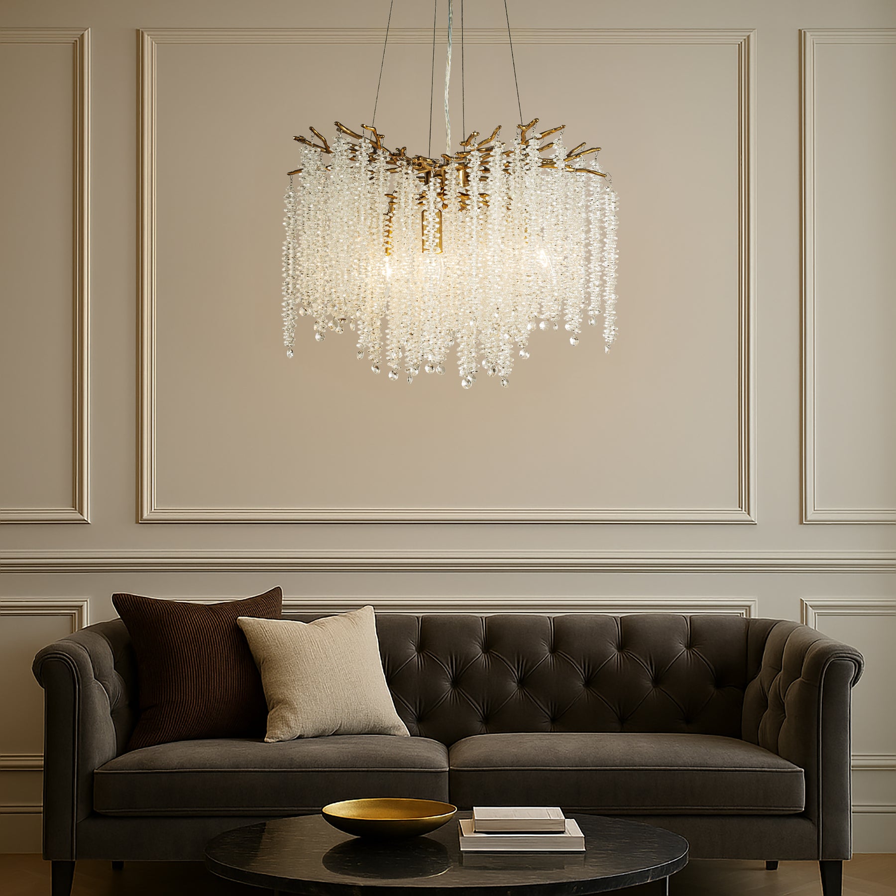 20'' Modern Glam Crystal Chandelier Antique Brass Branch Style 4-Light Pendant Ceiling Light for Dining Room Bedroom Living Room Entryway
